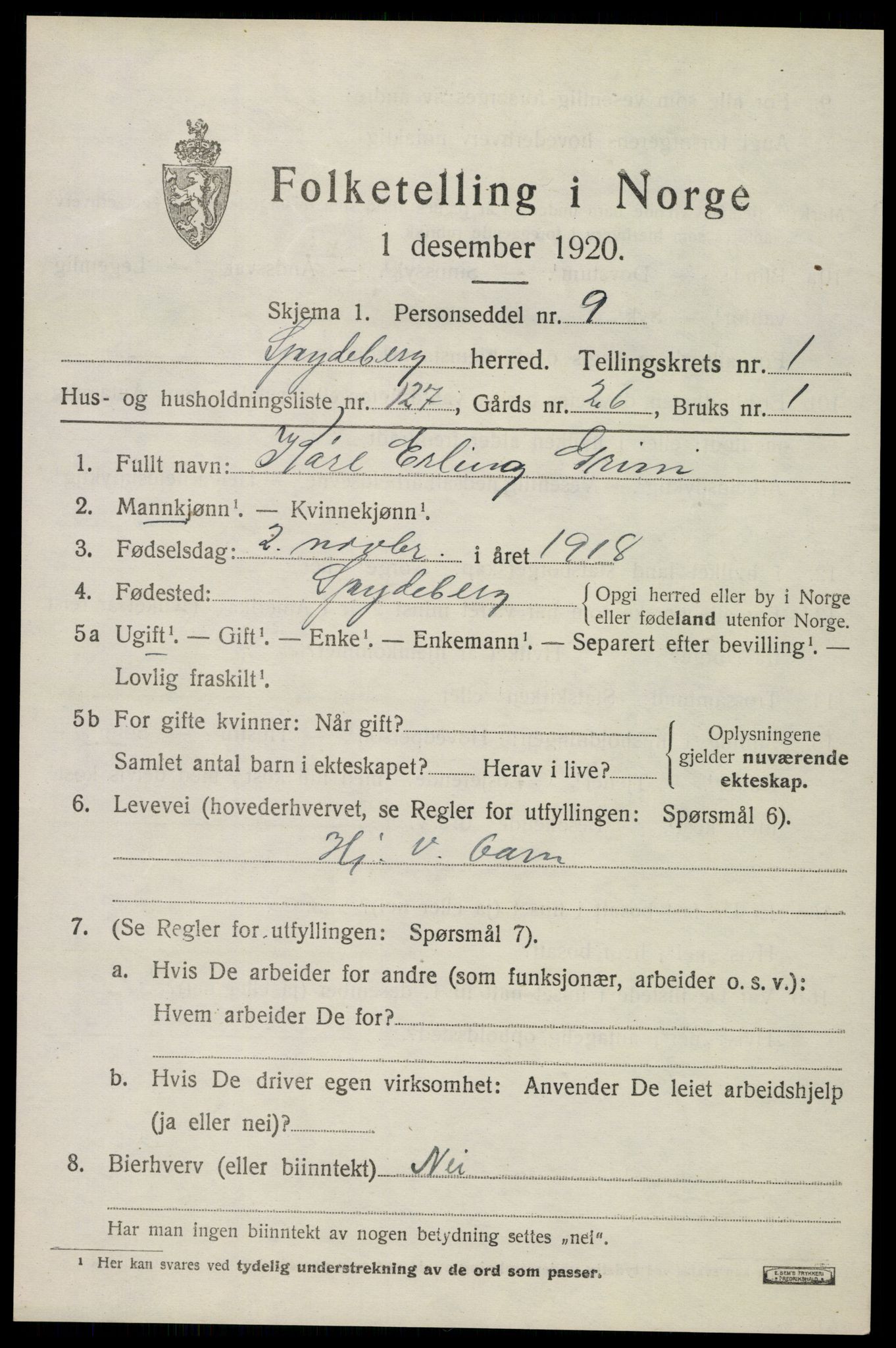 SAO, 1920 census for Spydeberg, 1920, p. 2581