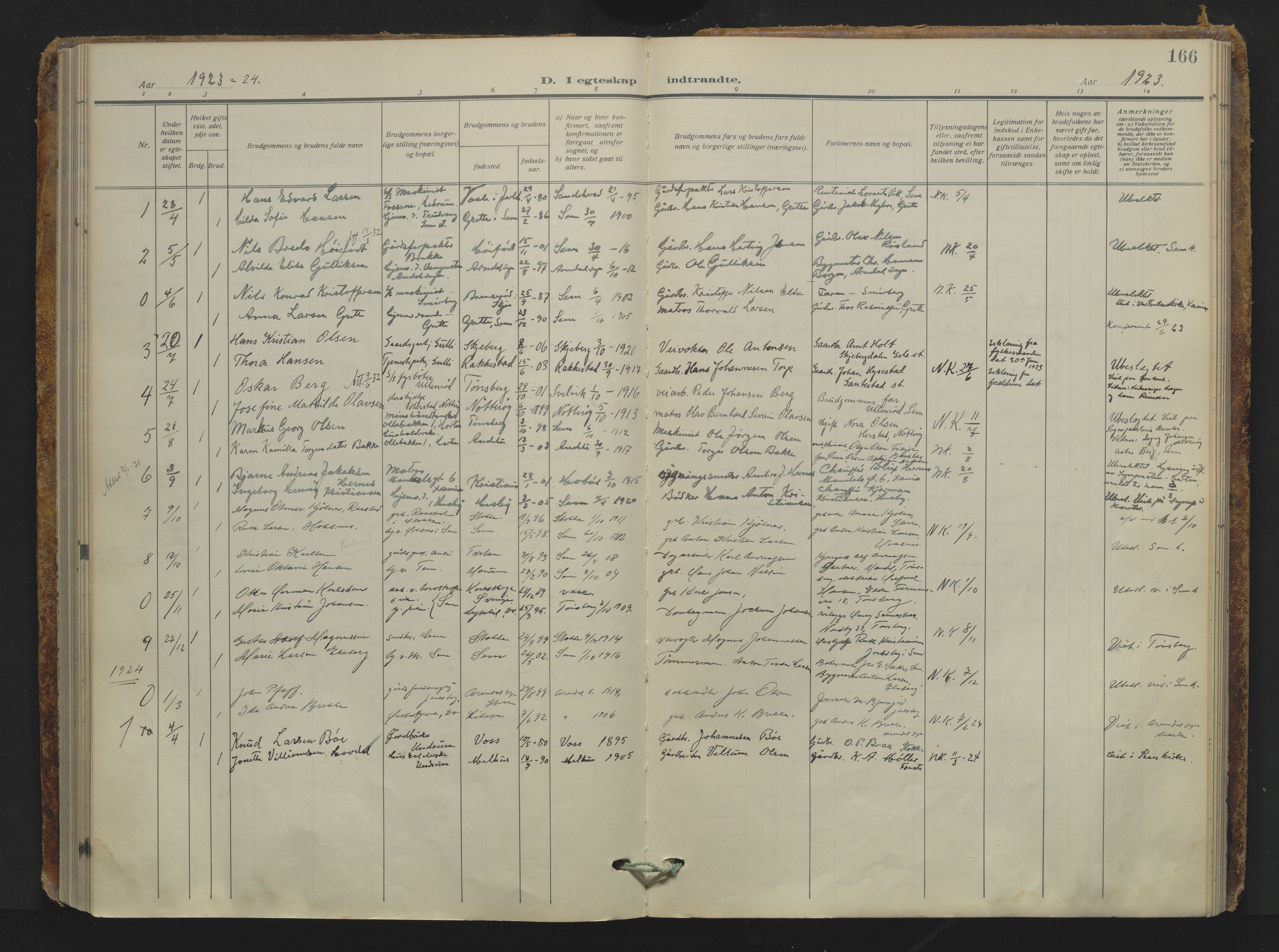 Sem kirkebøker, AV/SAKO-A-5/F/Fa/L0013: Parish register (official) no. I 13, 1916-1932, p. 166