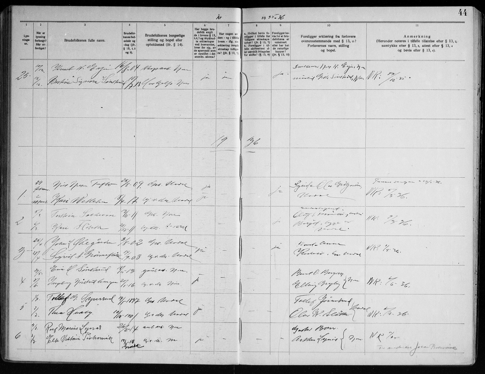 Nore kirkebøker, AV/SAKO-A-238/H/Ha/L0001: Banns register no. 1, 1920-1958, p. 44