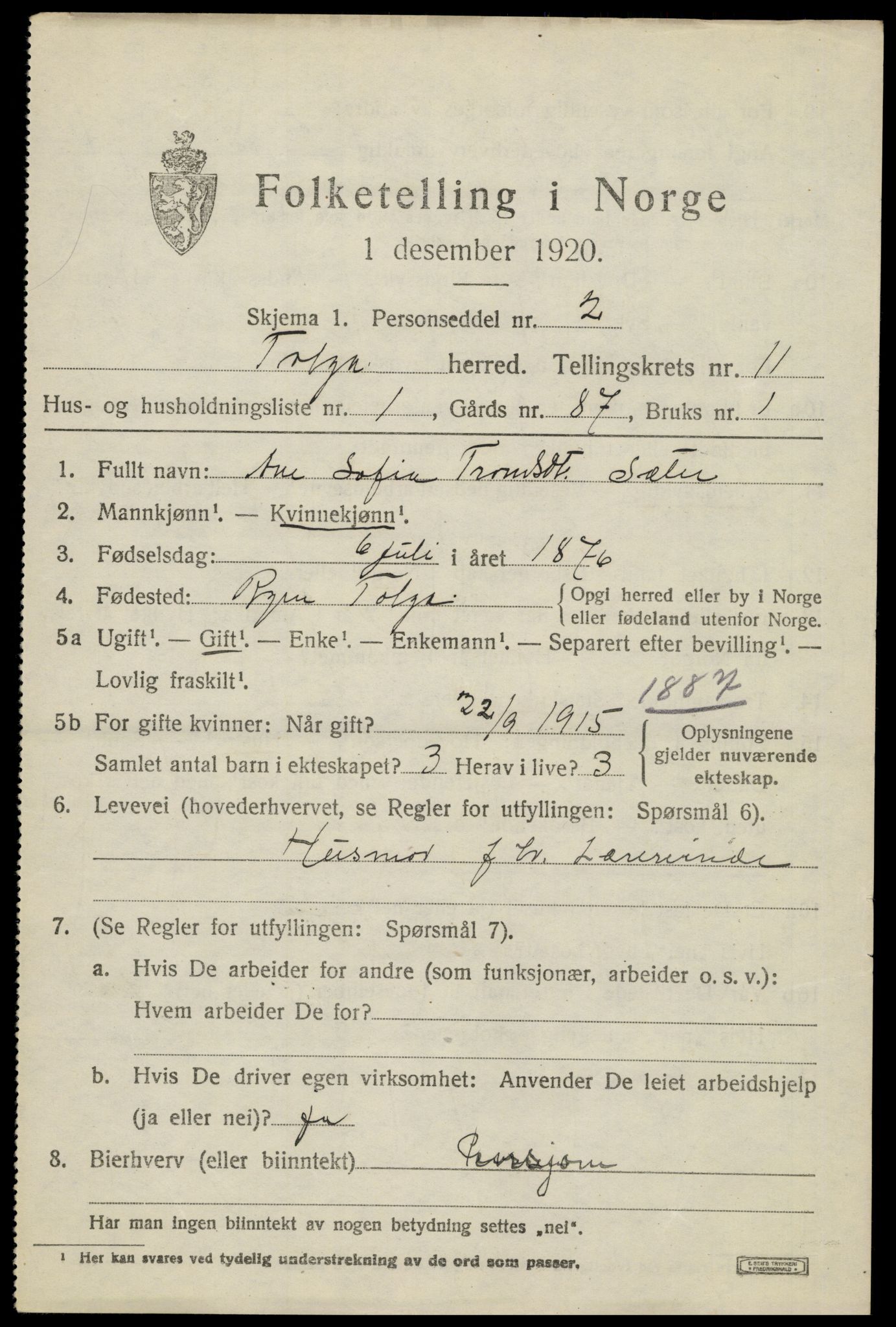 SAH, 1920 census for Tolga, 1920, p. 5189