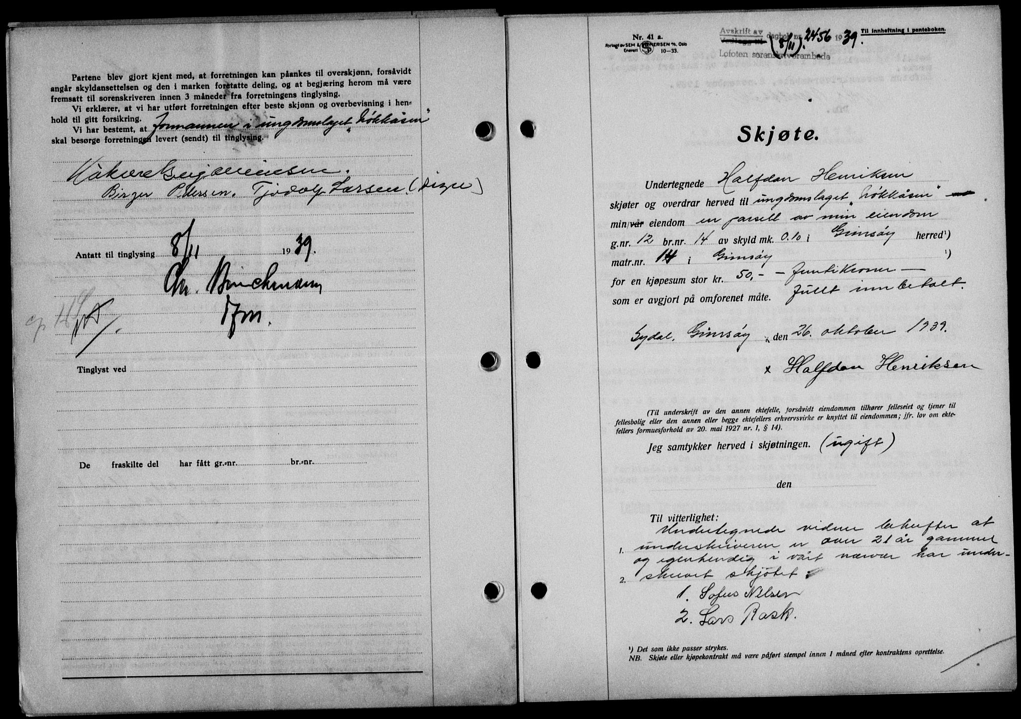 Lofoten sorenskriveri, SAT/A-0017/1/2/2C/L0006a: Mortgage book no. 6a, 1939-1939, Diary no: : 2456/1939