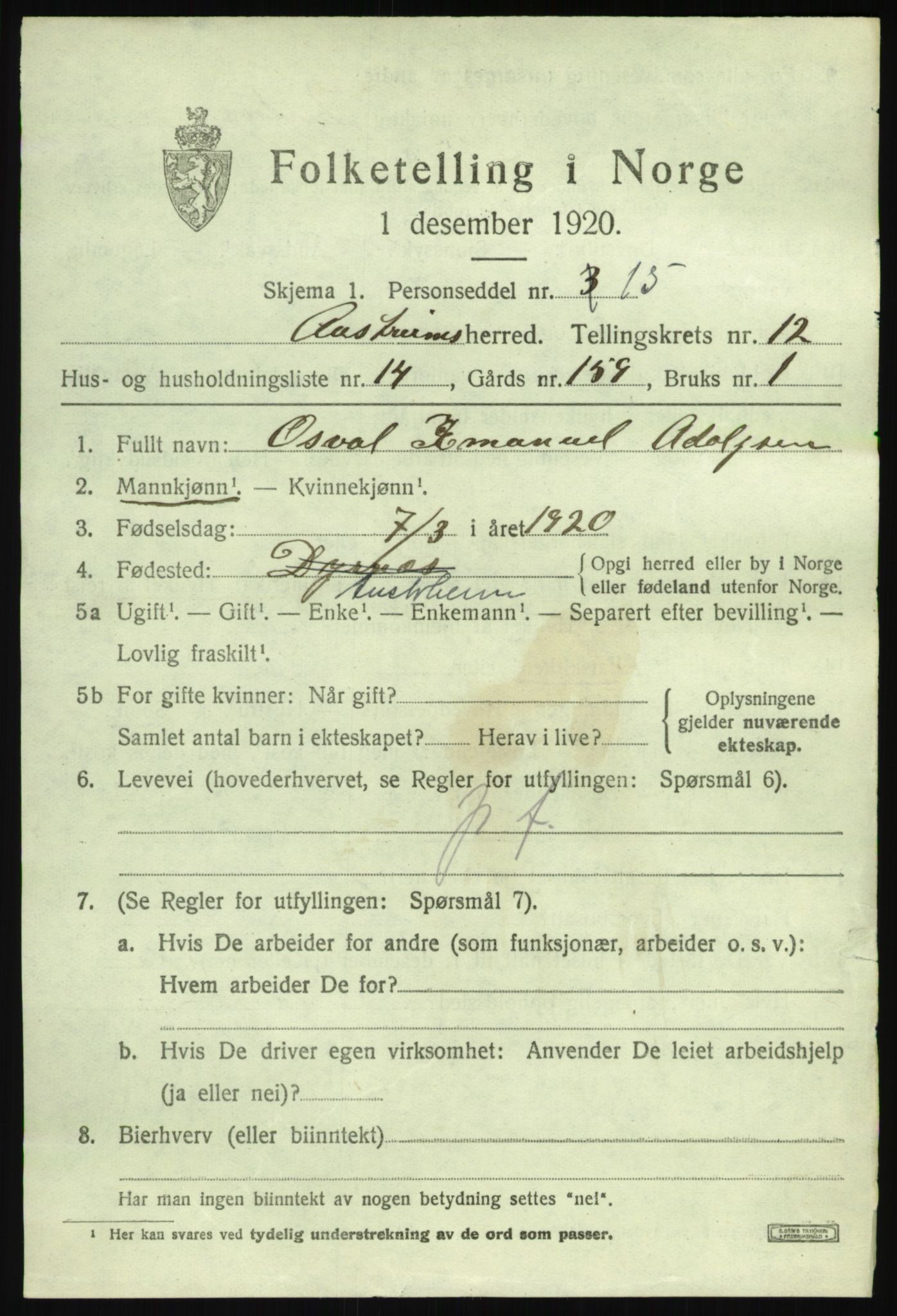 SAB, 1920 census for Austrheim, 1920, p. 4512