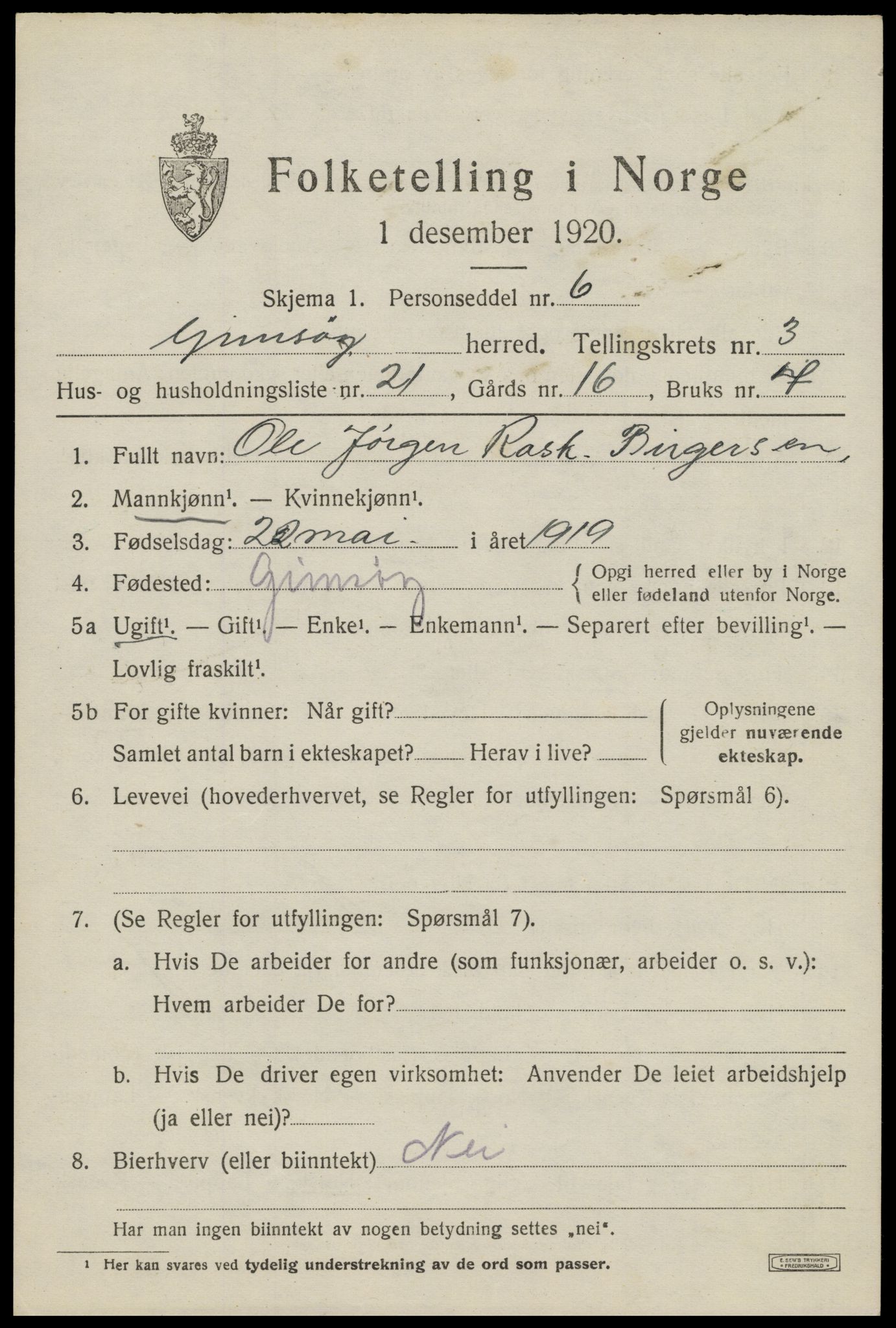 SAT, 1920 census for Gimsøy, 1920, p. 1965