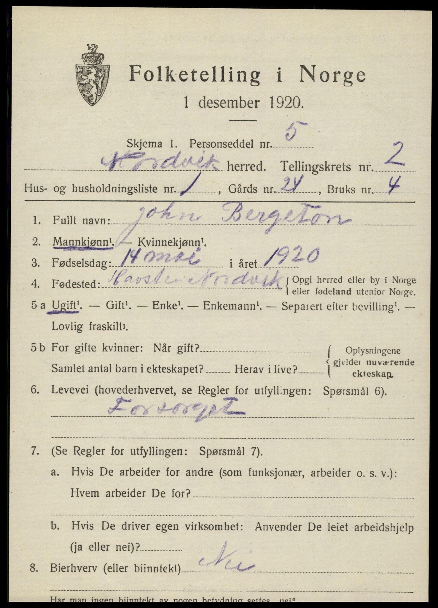 SAT, 1920 census for Nordvik, 1920, p. 1048