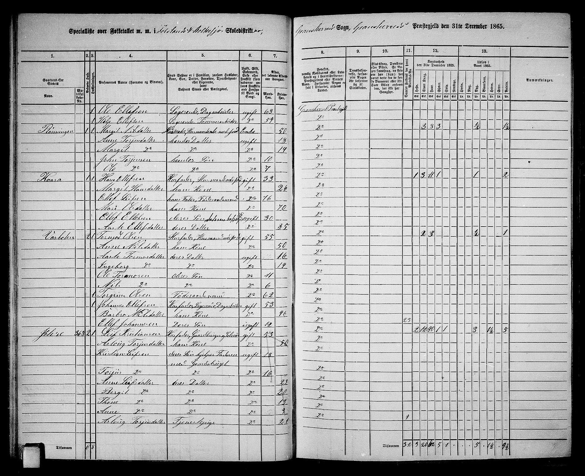 RA, 1865 census for Gransherad, 1865, p. 47