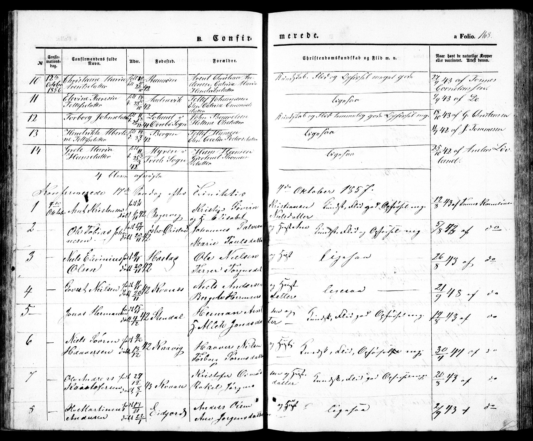 Høvåg sokneprestkontor, SAK/1111-0025/F/Fb/L0002: Parish register (copy) no. B 2, 1847-1869, p. 168