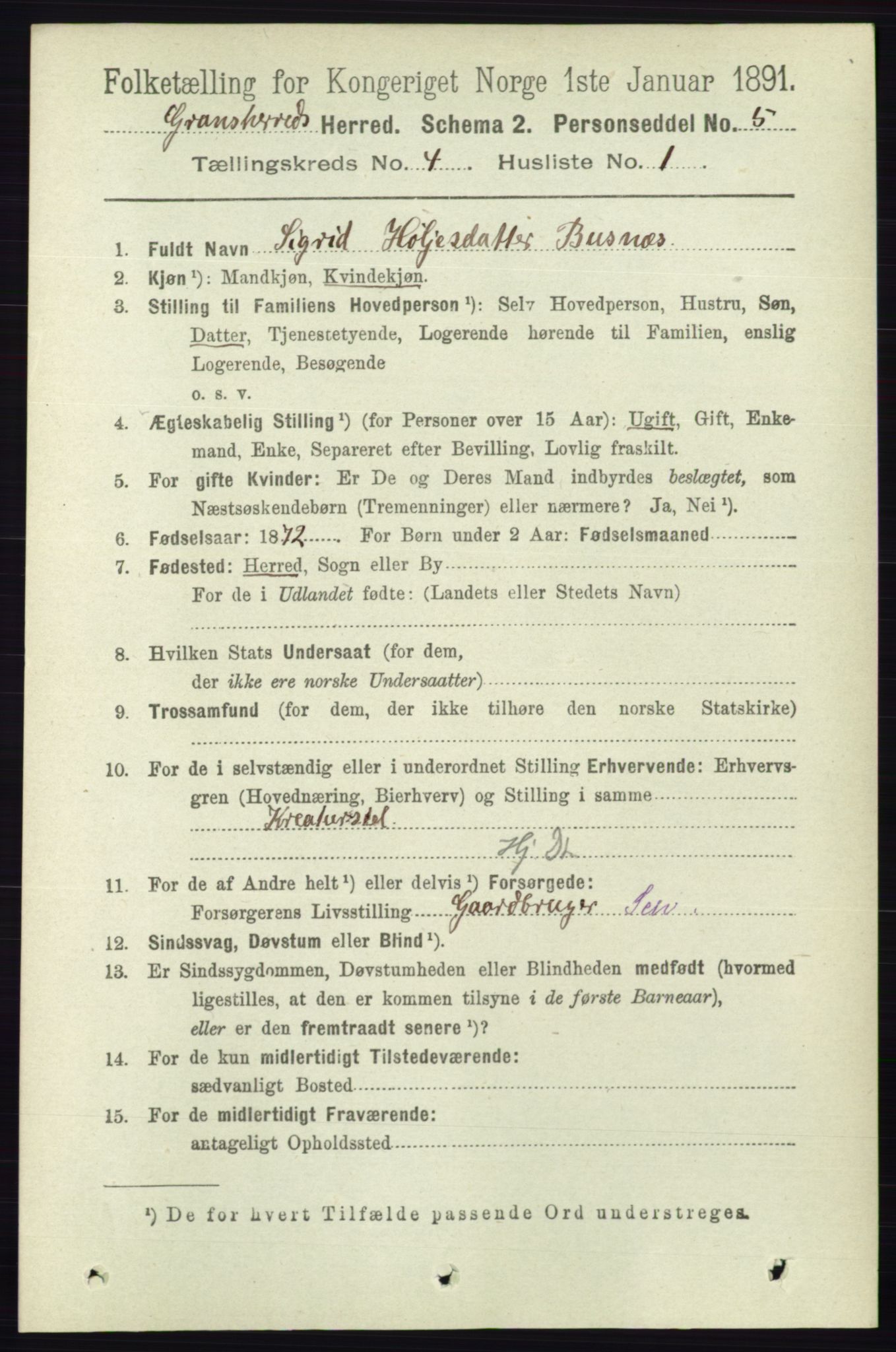 RA, 1891 census for 0824 Gransherad, 1891, p. 686