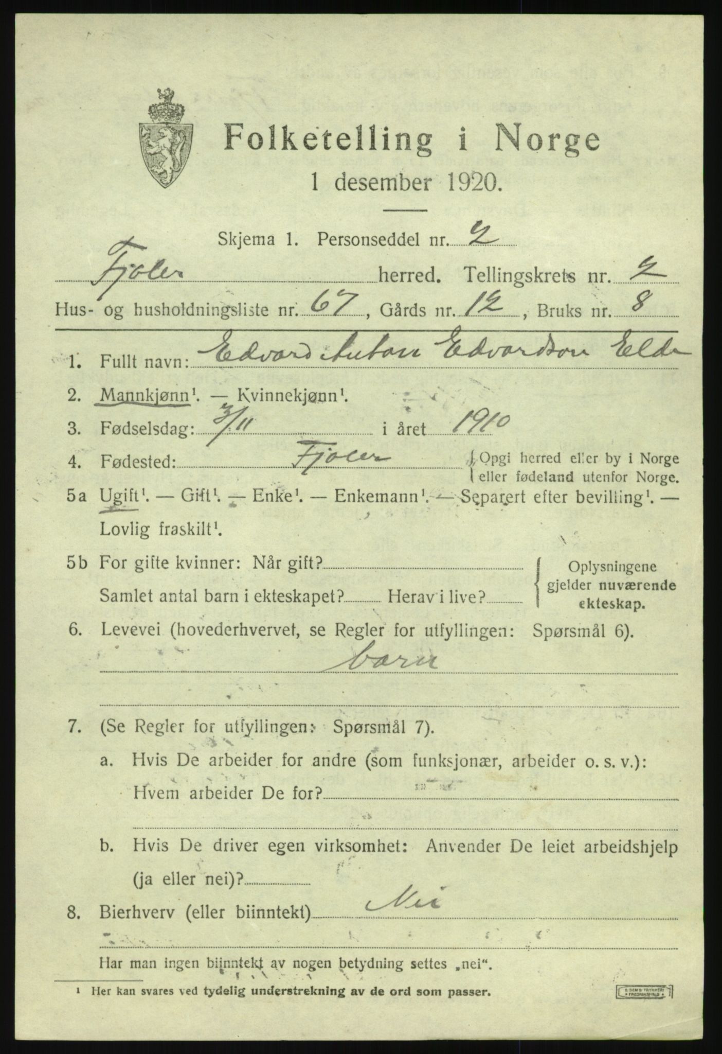 SAB, 1920 census for Fjaler, 1920, p. 2657