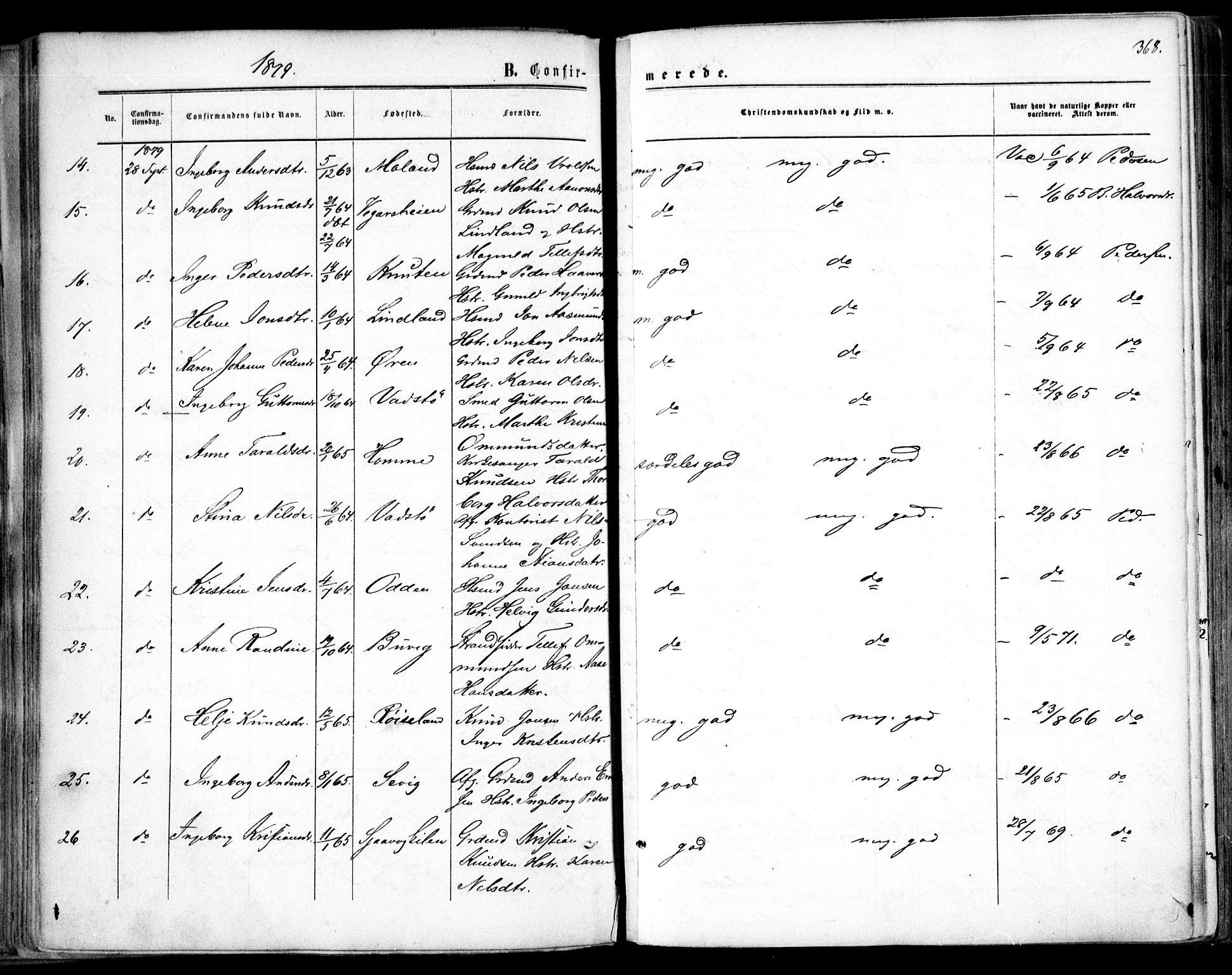 Søndeled sokneprestkontor, AV/SAK-1111-0038/F/Fa/L0003: Parish register (official) no. A 3, 1861-1879, p. 368