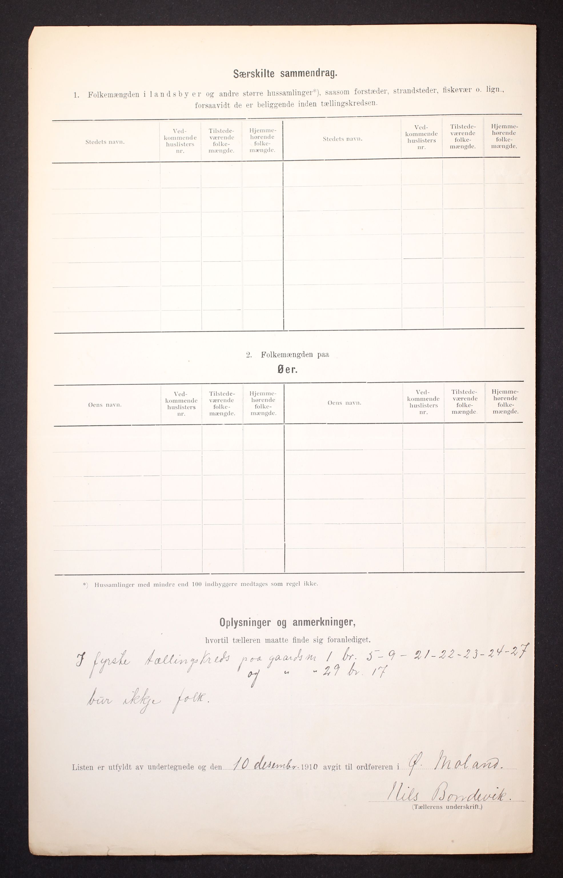 RA, 1910 census for Austre Moland, 1910, p. 9