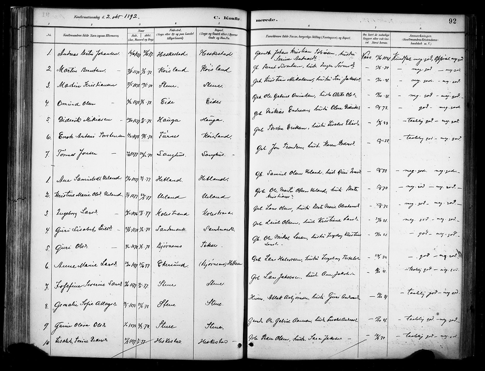 Lund sokneprestkontor, AV/SAST-A-101809/S06/L0012: Parish register (official) no. A 11, 1887-1921, p. 92