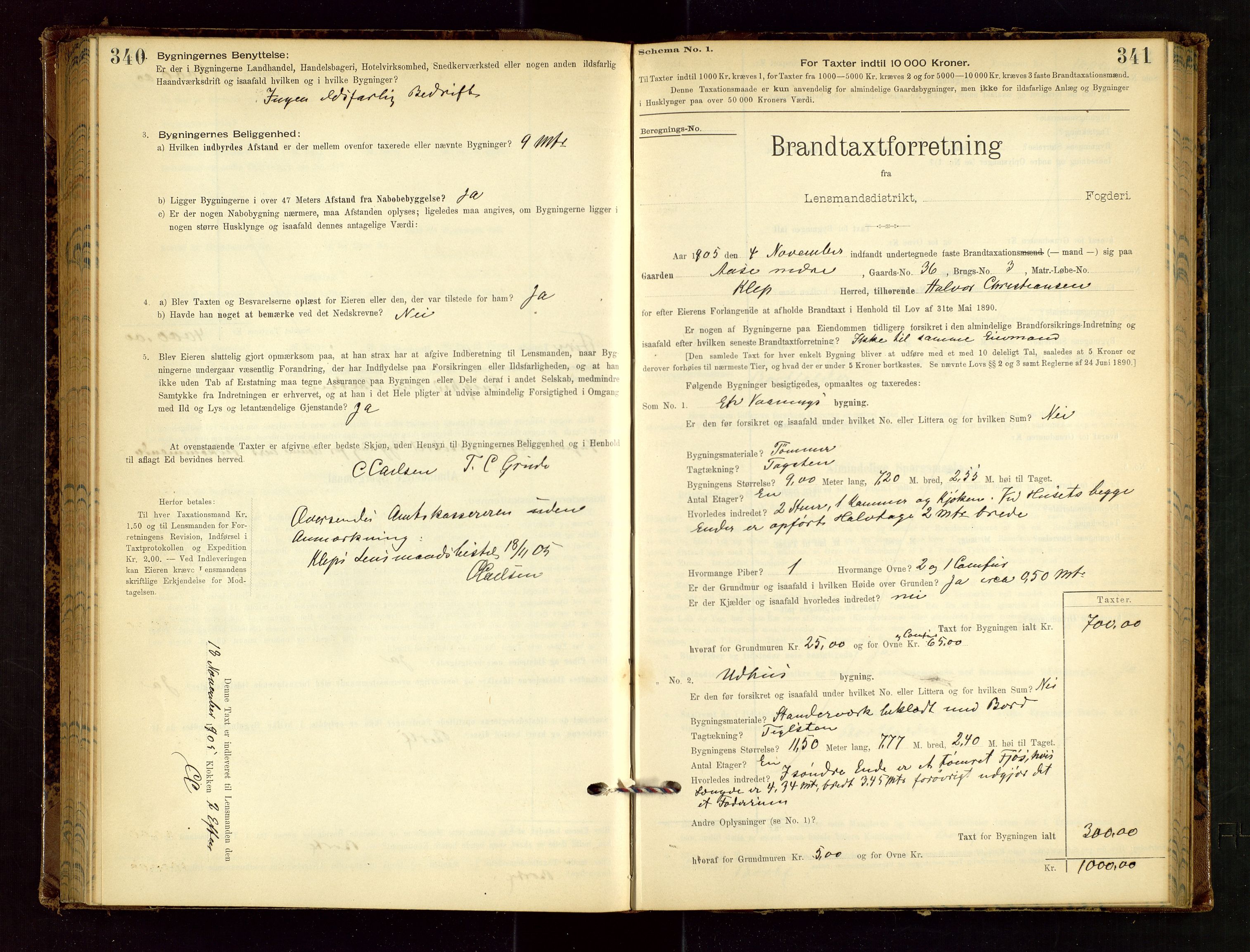 Klepp lensmannskontor, SAST/A-100163/Goc/L0002: "Brandtaxationsprotokol" m/register, 1898-1902, p. 340-341