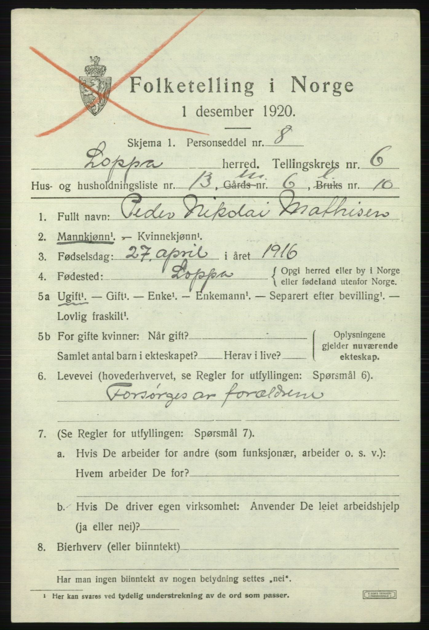 SATØ, 1920 census for Loppa, 1920, p. 2688