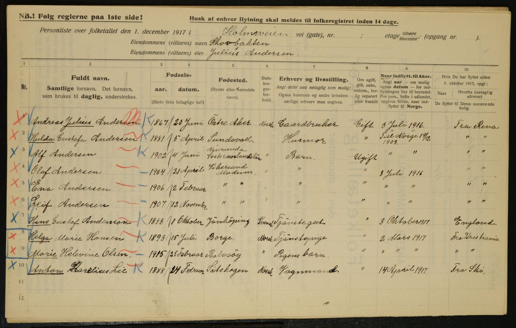 OBA, Municipal Census 1917 for Aker, 1917, p. 16335