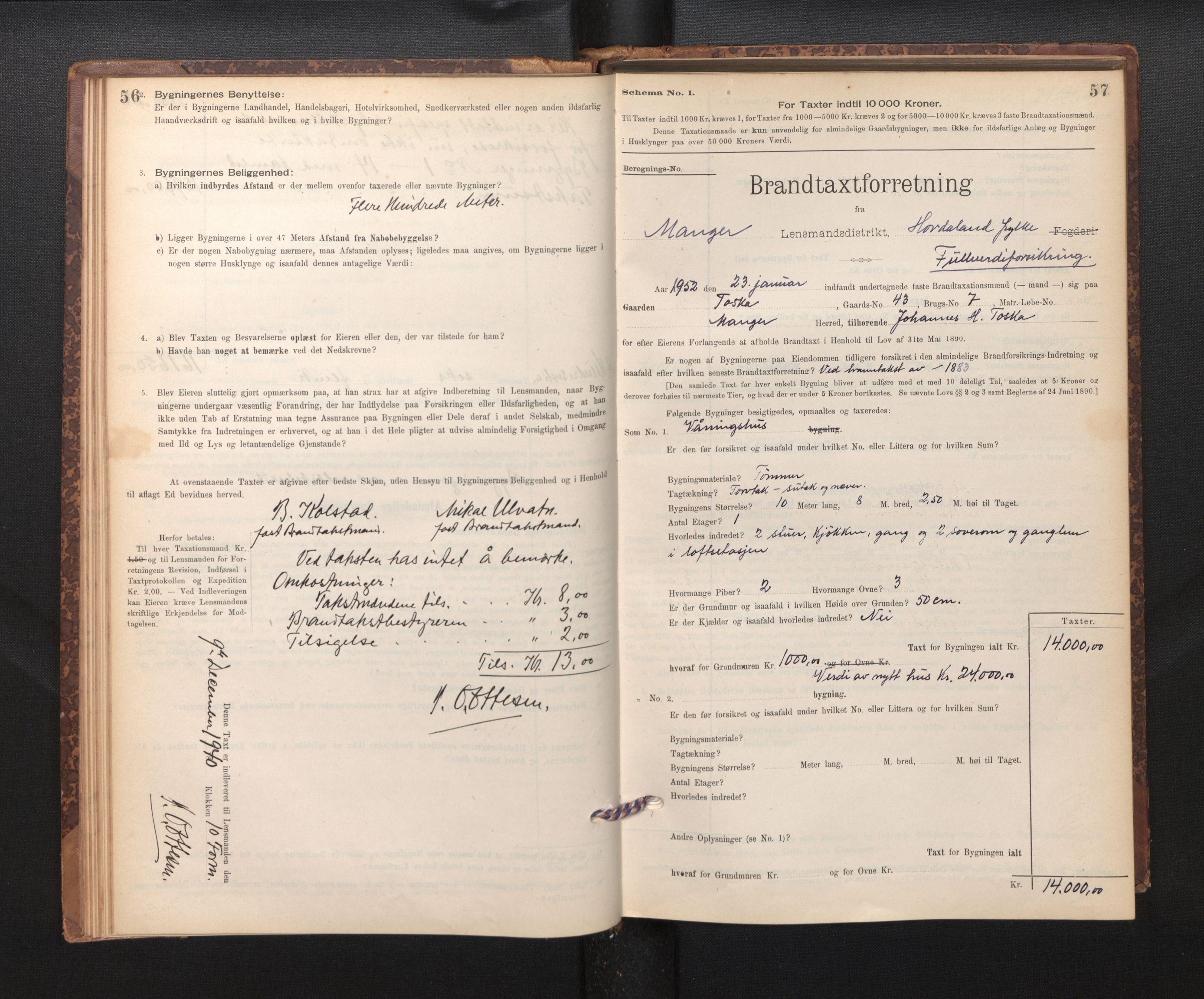 Lensmannen i Manger, SAB/A-33701/0012/L0004: Branntakstprotokoll, skjematakst, 1894-1952, p. 56-57