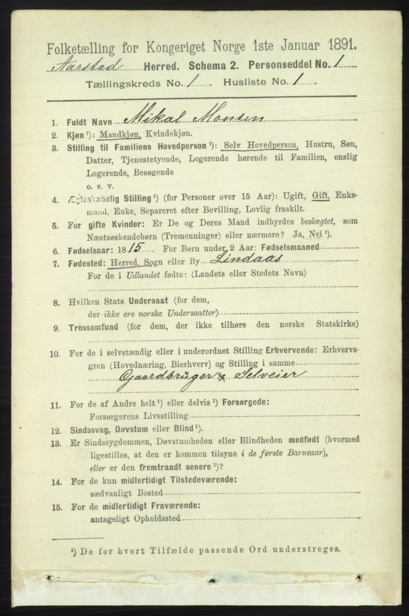 SAB, 1891 Census for 1280 Årstad, 1891, p. 104