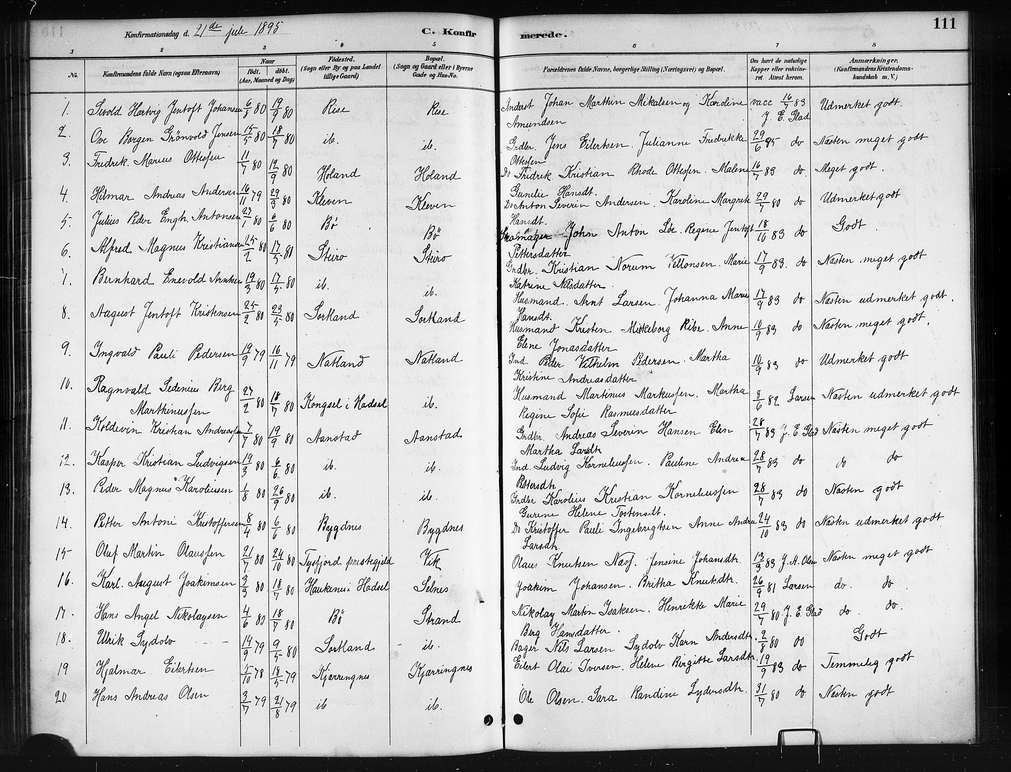 Ministerialprotokoller, klokkerbøker og fødselsregistre - Nordland, AV/SAT-A-1459/895/L1382: Parish register (copy) no. 895C04, 1885-1896, p. 111