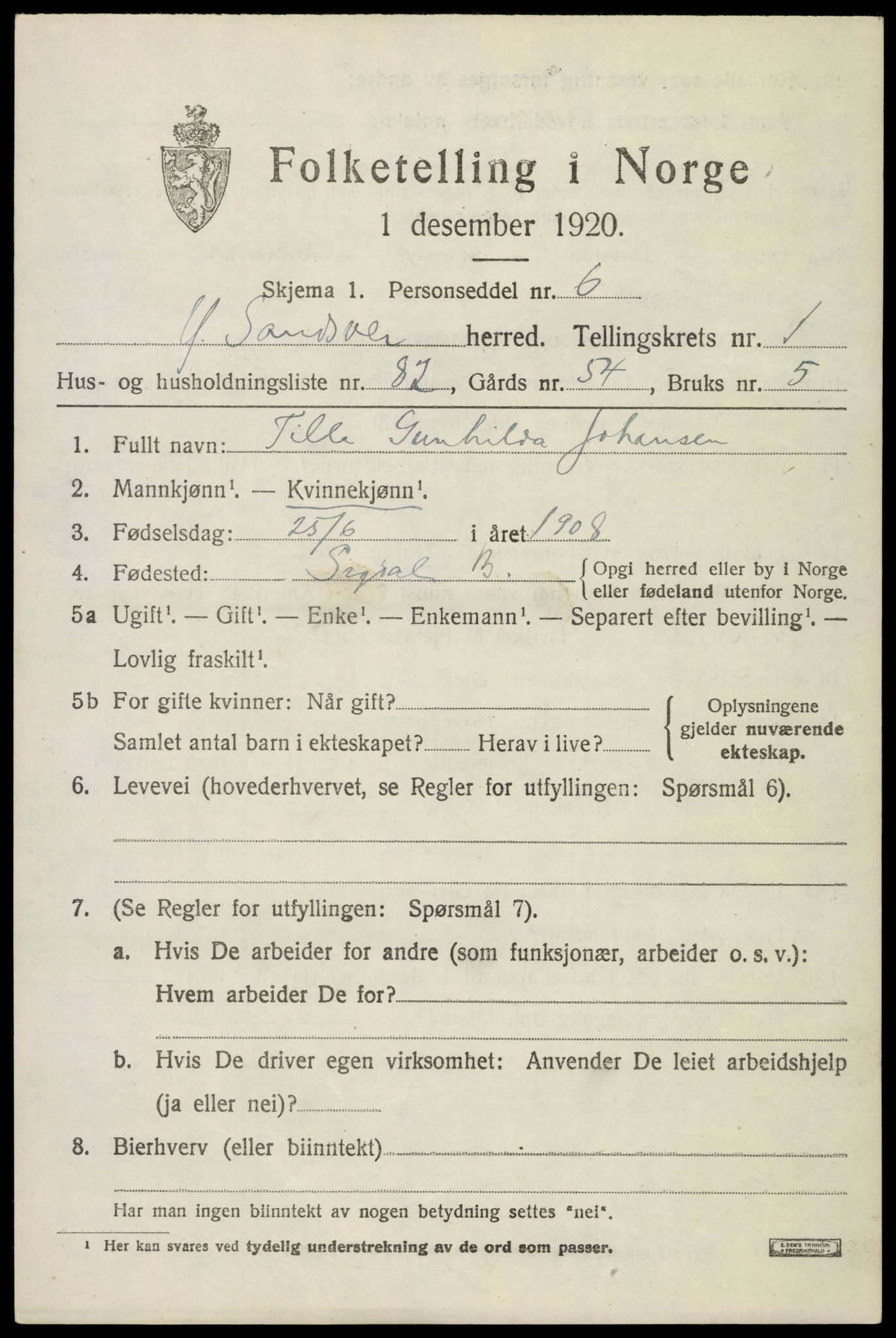SAKO, 1920 census for Ytre Sandsvær, 1920, p. 2078