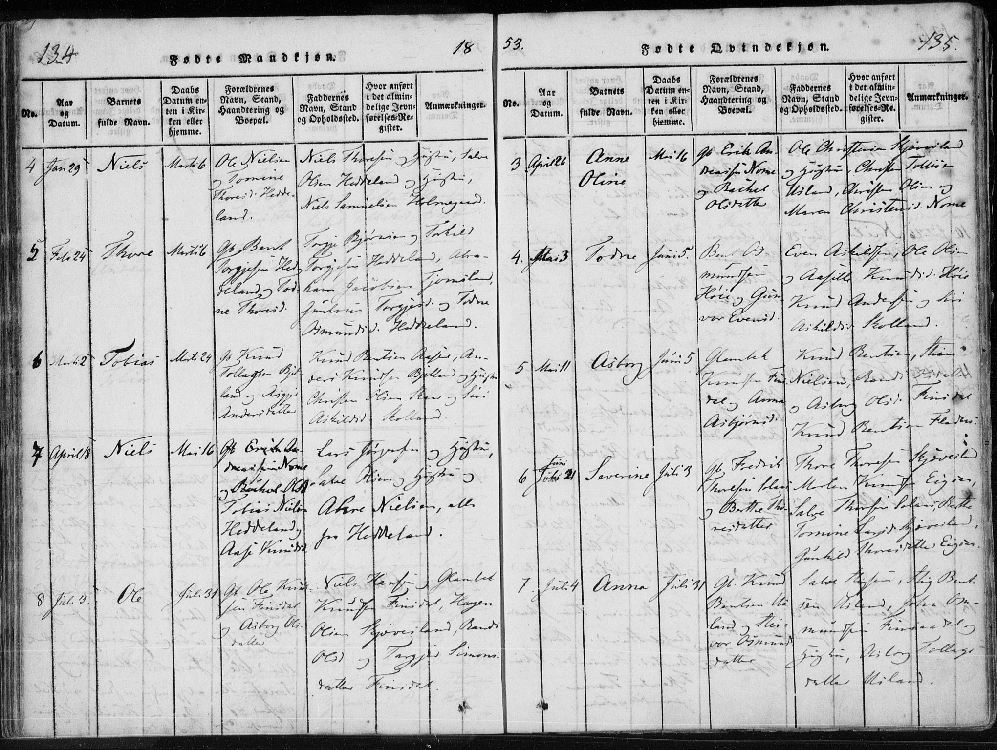 Holum sokneprestkontor, AV/SAK-1111-0022/F/Fa/Fac/L0002: Parish register (official) no. A 2, 1821-1859, p. 134-135