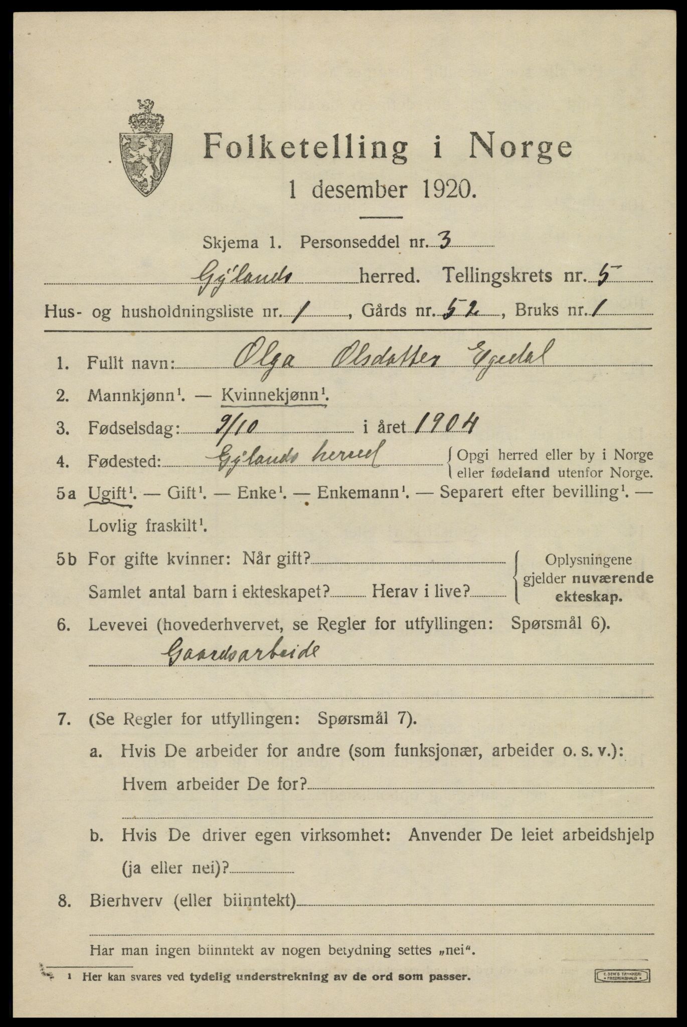 SAK, 1920 census for Gyland, 1920, p. 1192