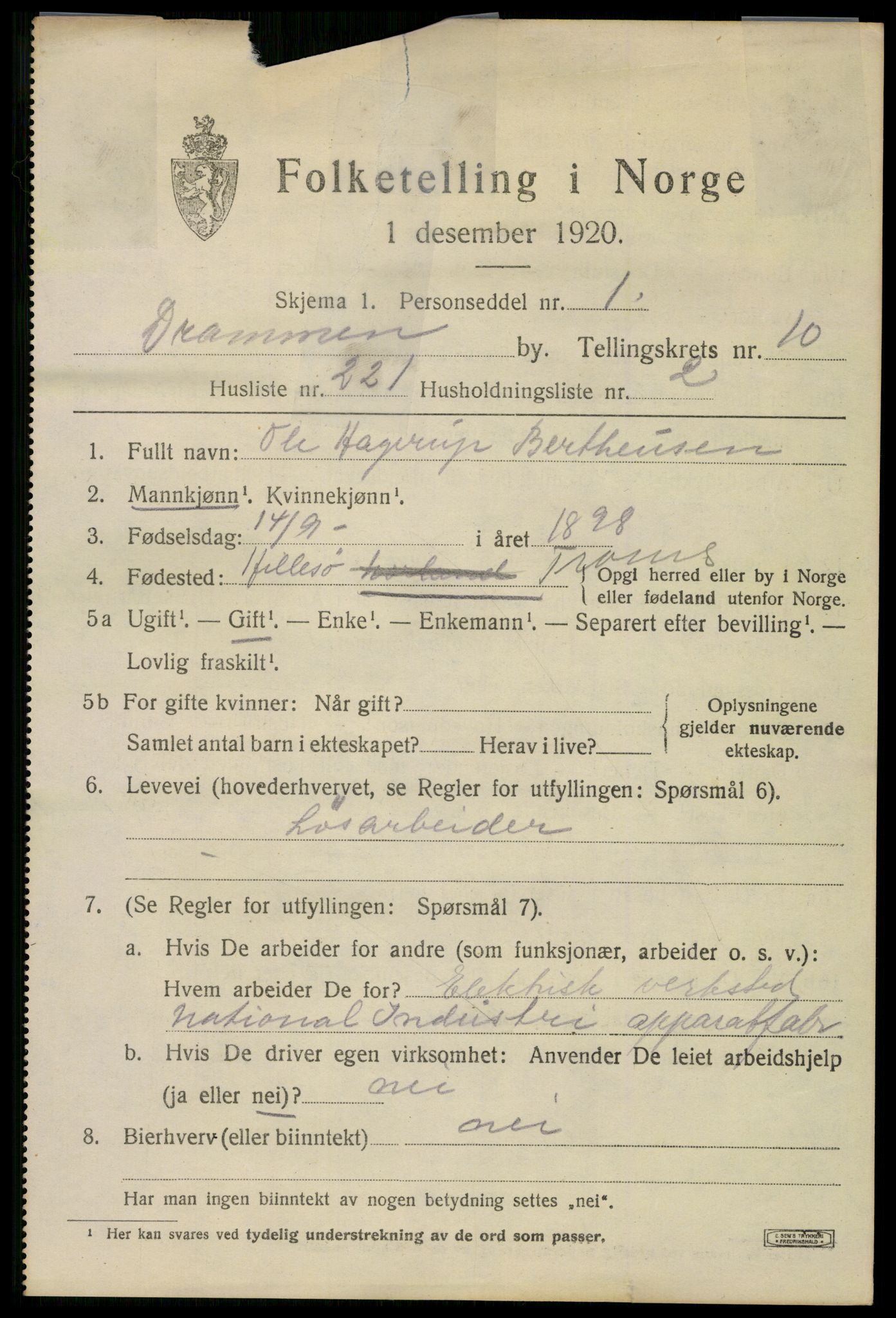 SAKO, 1920 census for Drammen, 1920, p. 66221