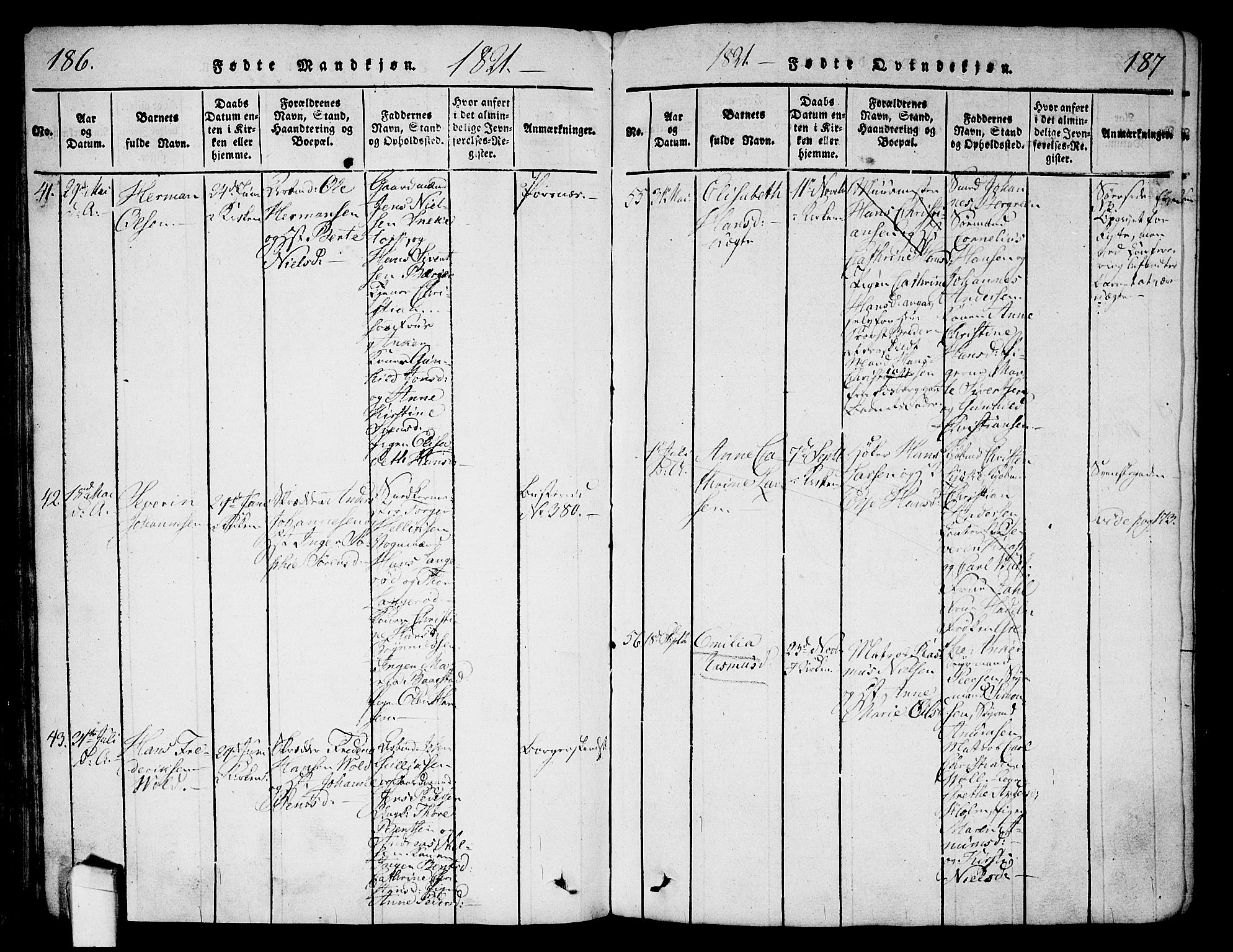 Halden prestekontor Kirkebøker, AV/SAO-A-10909/G/Ga/L0001: Parish register (copy) no. 1, 1815-1833, p. 186-187