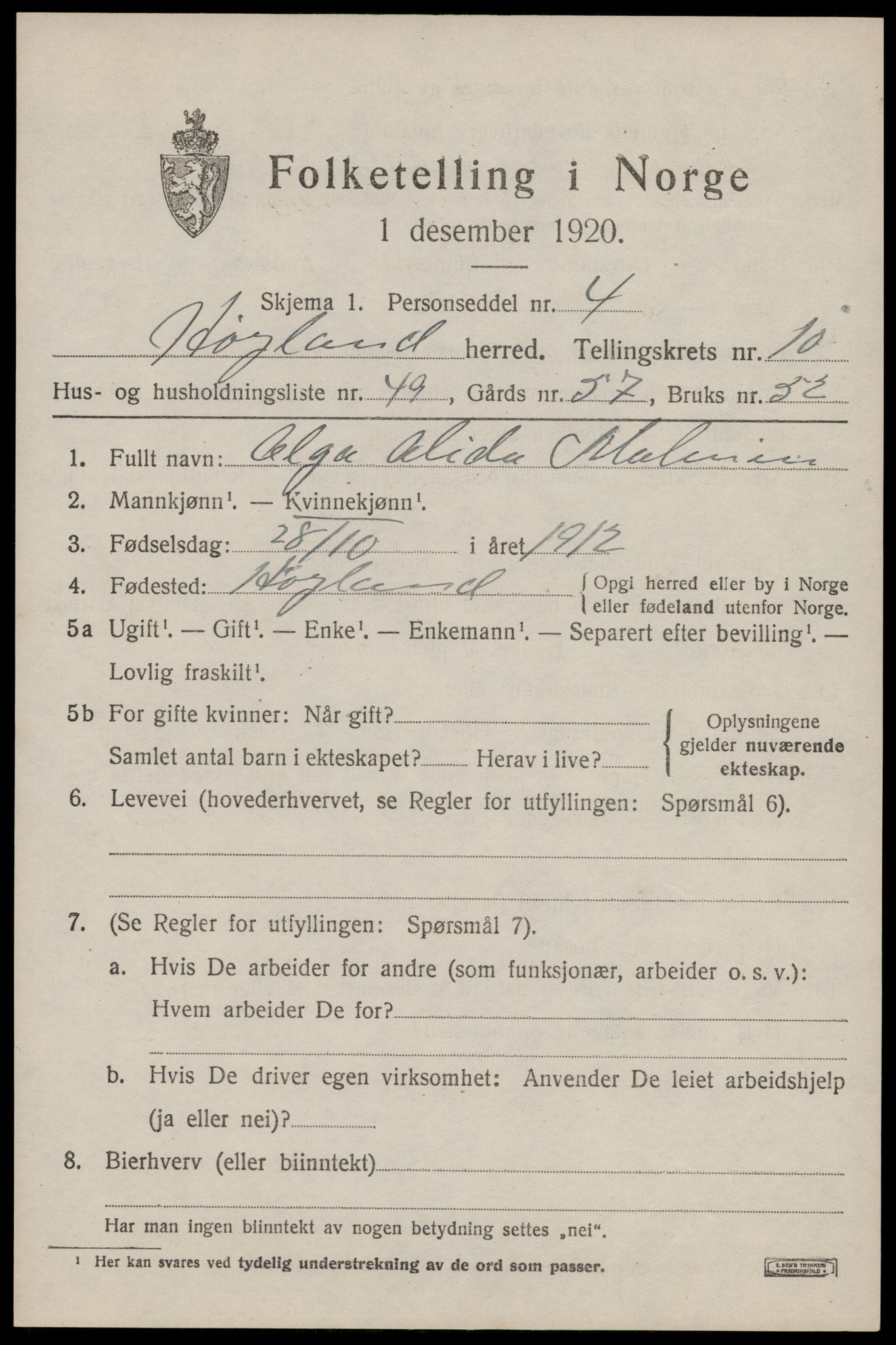 SAST, 1920 census for Høyland, 1920, p. 7804