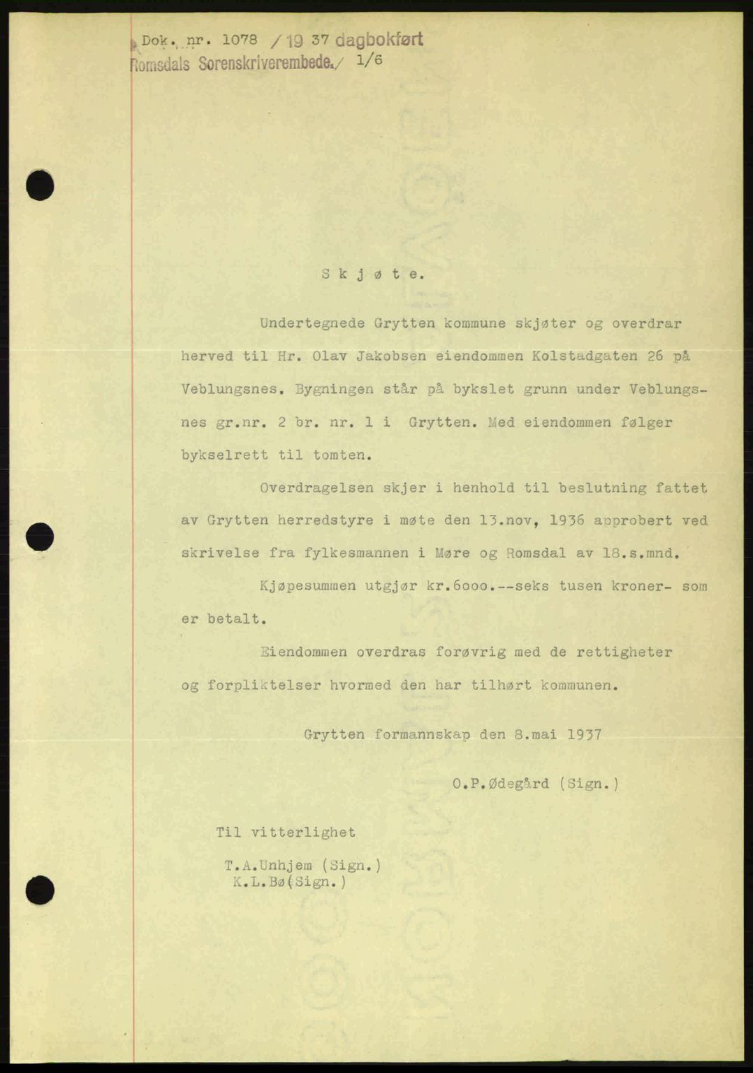 Romsdal sorenskriveri, SAT/A-4149/1/2/2C: Mortgage book no. A3, 1937-1937, Diary no: : 1078/1937