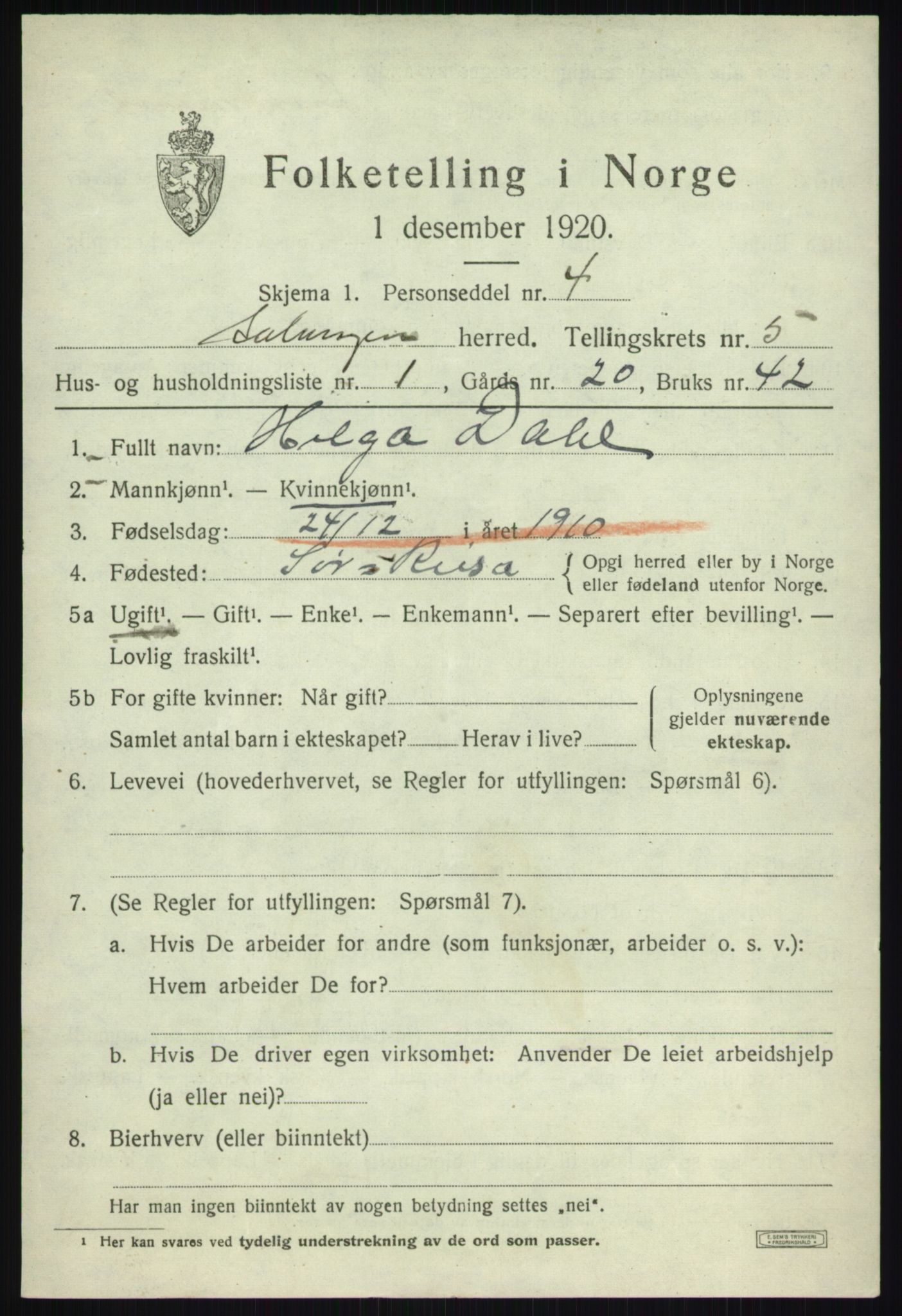 SATØ, 1920 census for Salangen, 1920, p. 3302