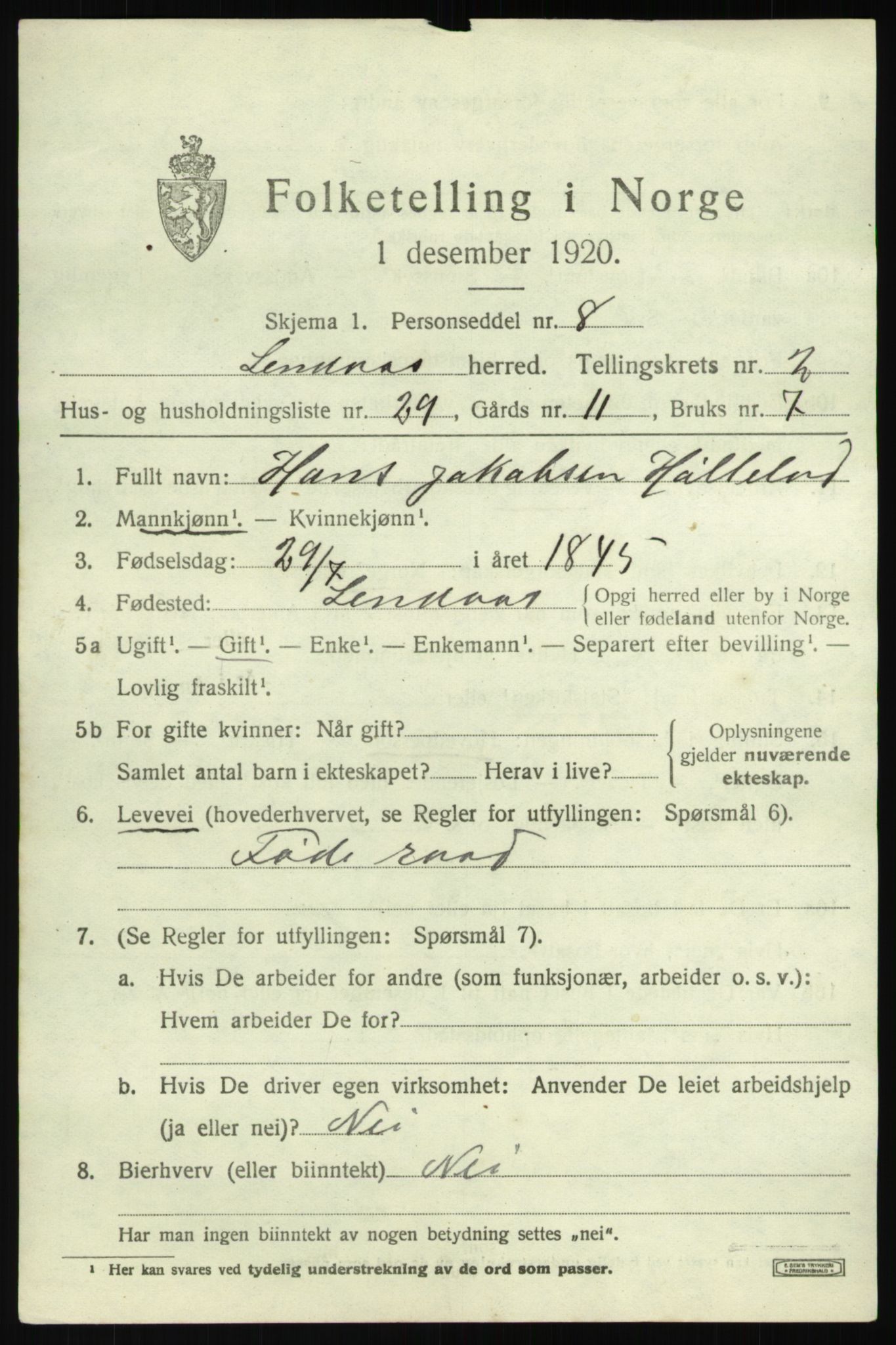 SAB, 1920 census for Lindås, 1920, p. 1919