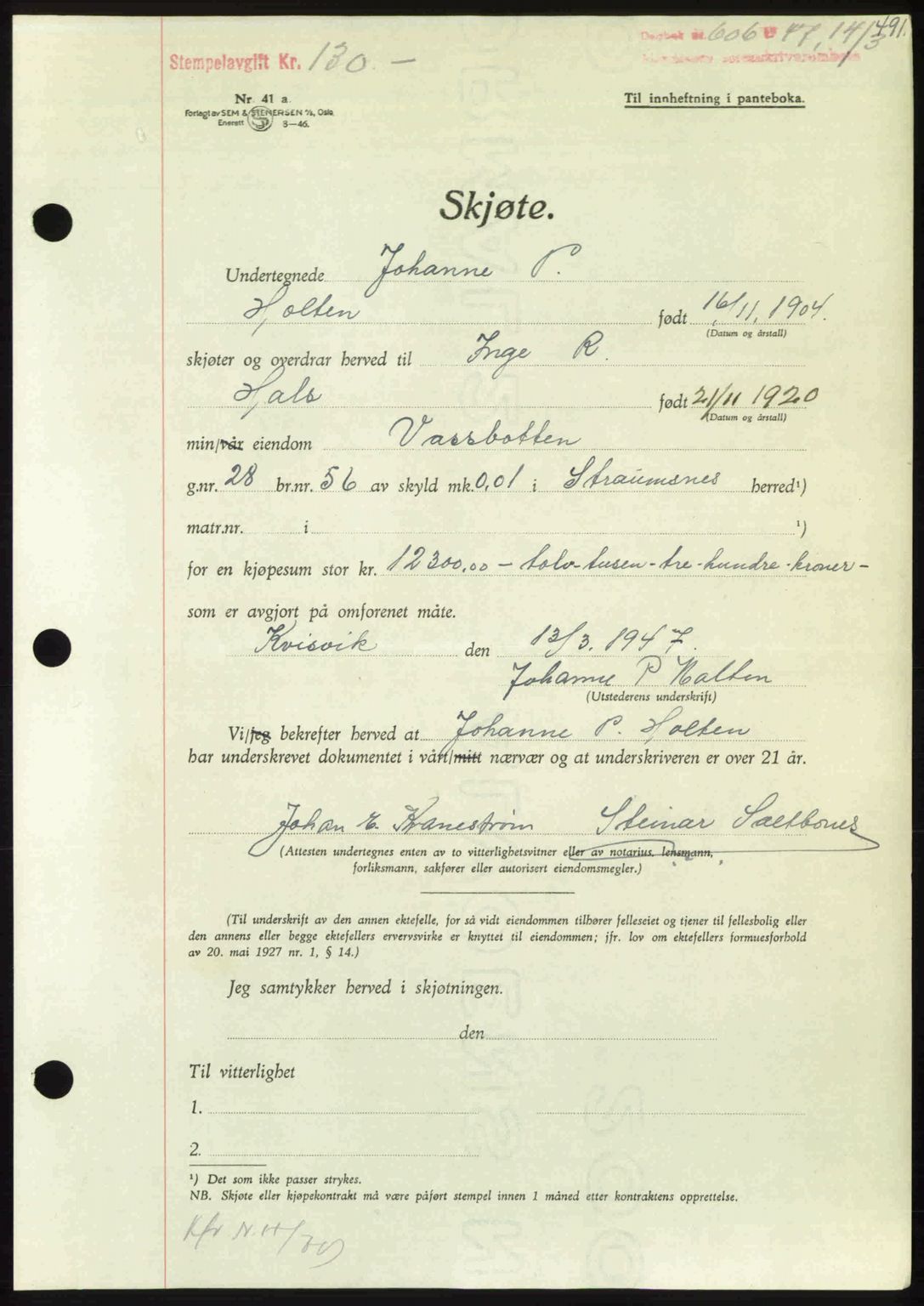 Nordmøre sorenskriveri, AV/SAT-A-4132/1/2/2Ca: Mortgage book no. A104, 1947-1947, Diary no: : 606/1947