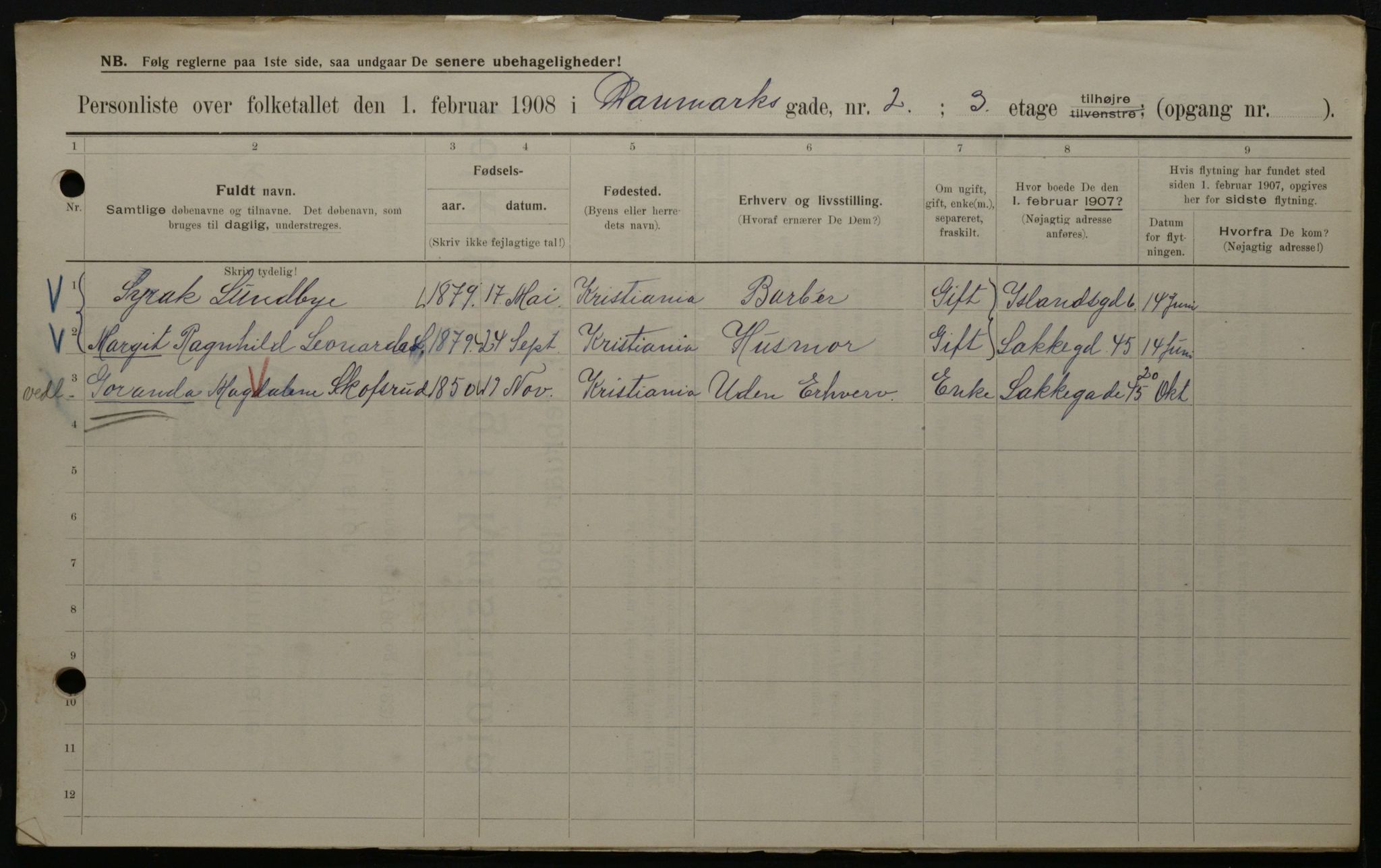 OBA, Municipal Census 1908 for Kristiania, 1908, p. 13632