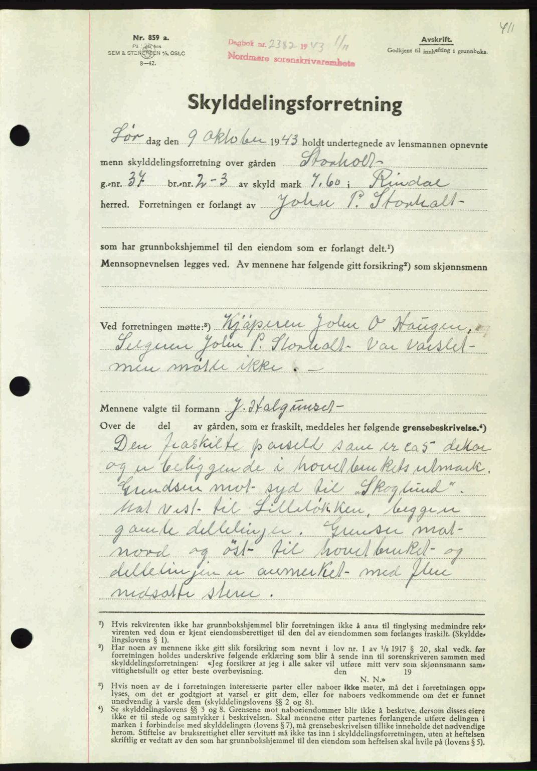 Nordmøre sorenskriveri, SAT/A-4132/1/2/2Ca: Mortgage book no. A96, 1943-1944, Diary no: : 2382/1943