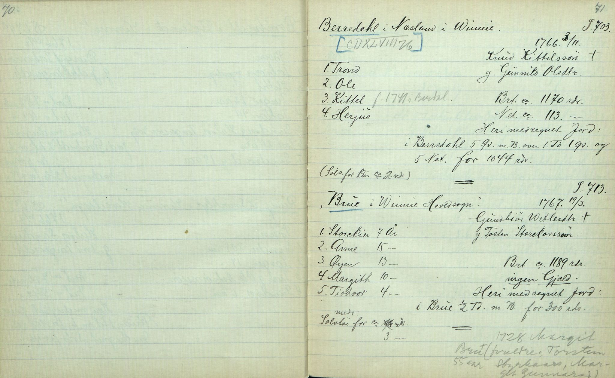 Rikard Berge, TEMU/TGM-A-1003/F/L0012/0012: 400-450 / 411 Vinje 1753-73 Skifte. R. Berge, 1917, p. 70-71