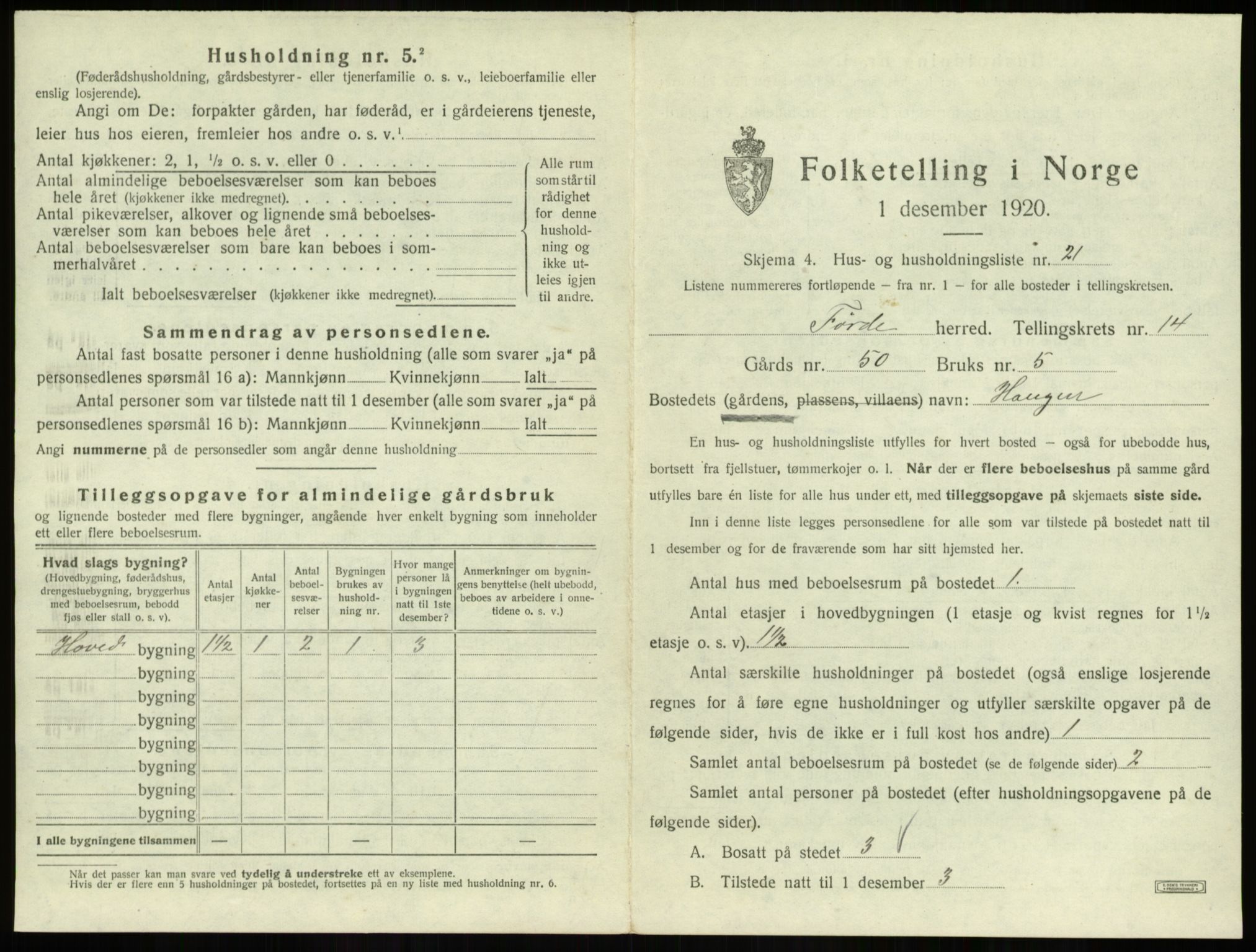 SAB, 1920 census for Førde, 1920, p. 760