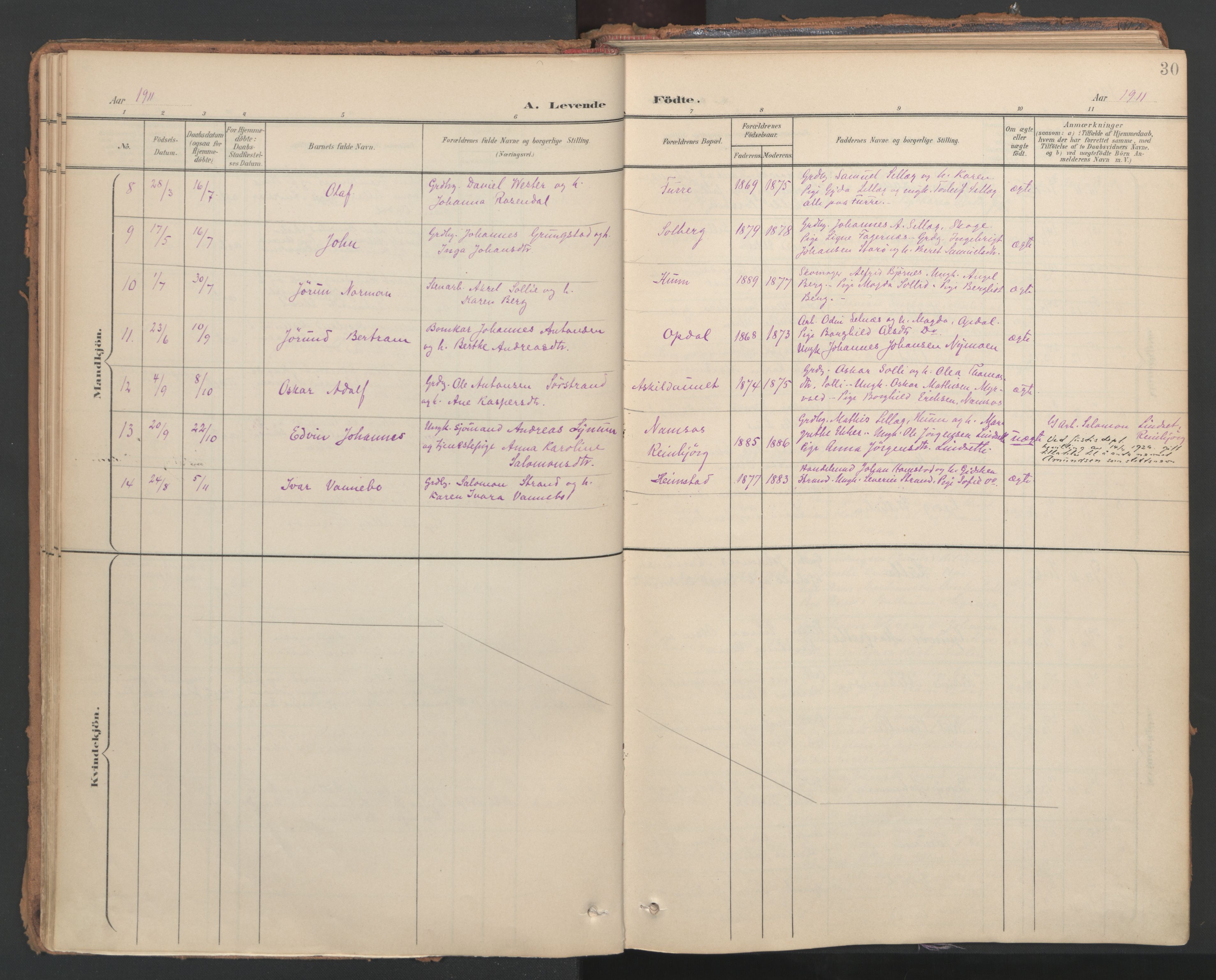 Ministerialprotokoller, klokkerbøker og fødselsregistre - Nord-Trøndelag, SAT/A-1458/766/L0564: Parish register (official) no. 767A02, 1900-1932, p. 30