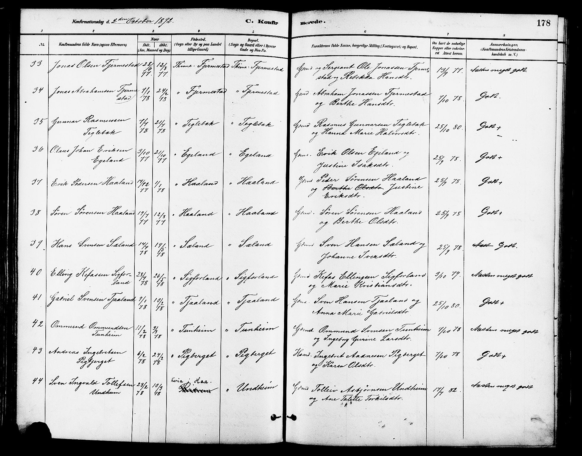 Lye sokneprestkontor, AV/SAST-A-101794/001/30BA/L0009: Parish register (official) no. A 8, 1881-1892, p. 178