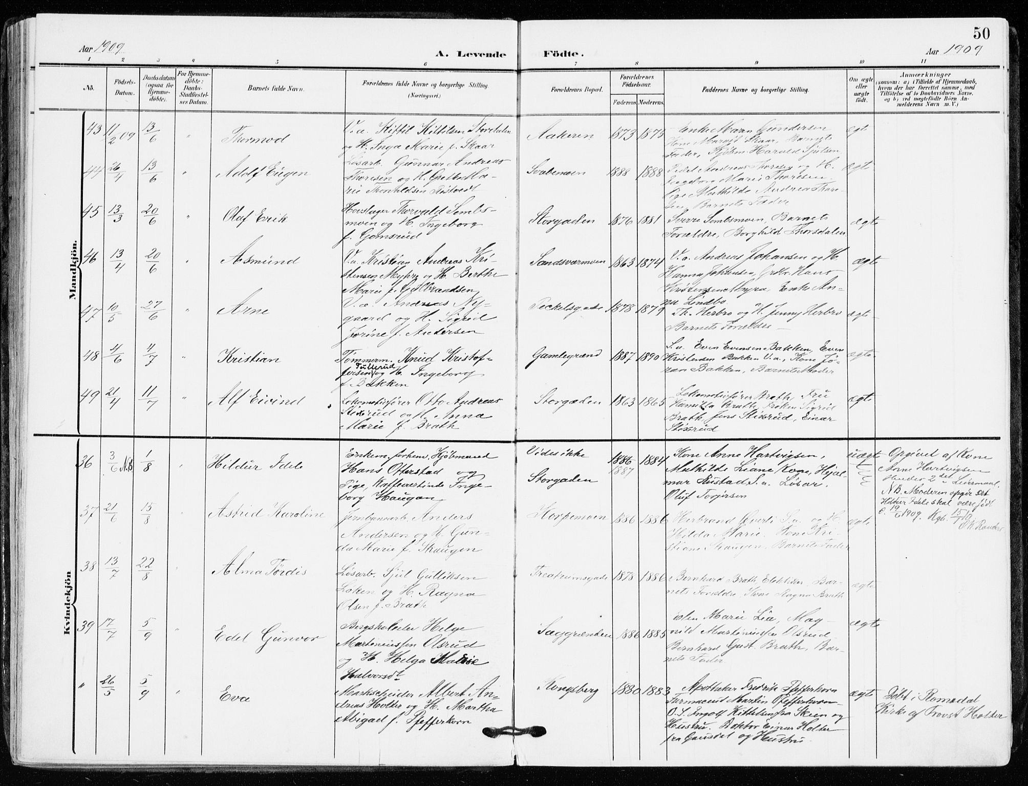 Kongsberg kirkebøker, AV/SAKO-A-22/F/Fb/L0004: Parish register (official) no. II 4, 1906-1918, p. 50