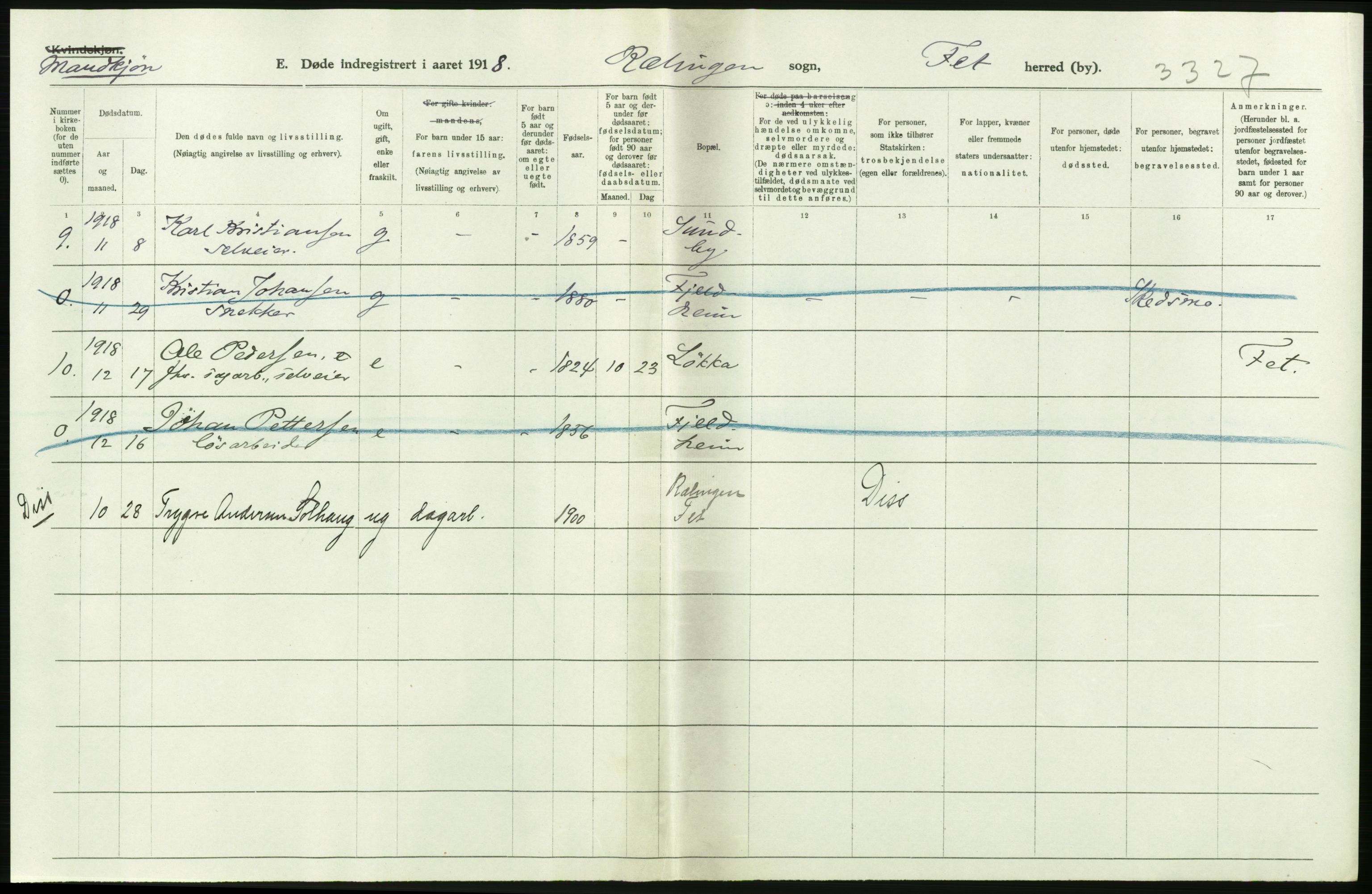 Statistisk sentralbyrå, Sosiodemografiske emner, Befolkning, RA/S-2228/D/Df/Dfb/Dfbh/L0006: Akershus fylke: Døde. Bygder og byer., 1918, p. 230