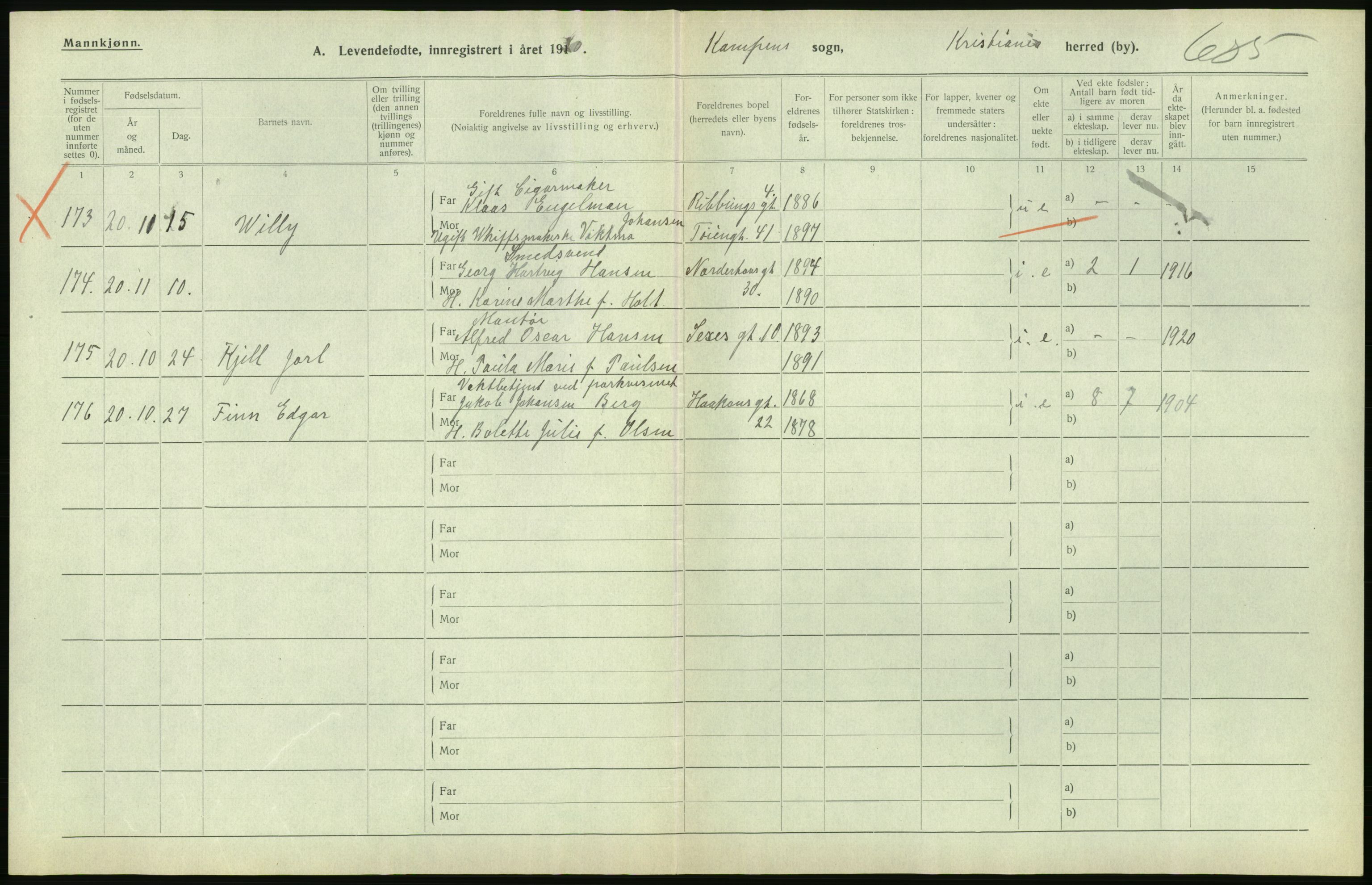 Statistisk sentralbyrå, Sosiodemografiske emner, Befolkning, AV/RA-S-2228/D/Df/Dfb/Dfbj/L0008: Kristiania: Levendefødte menn og kvinner., 1920, p. 226