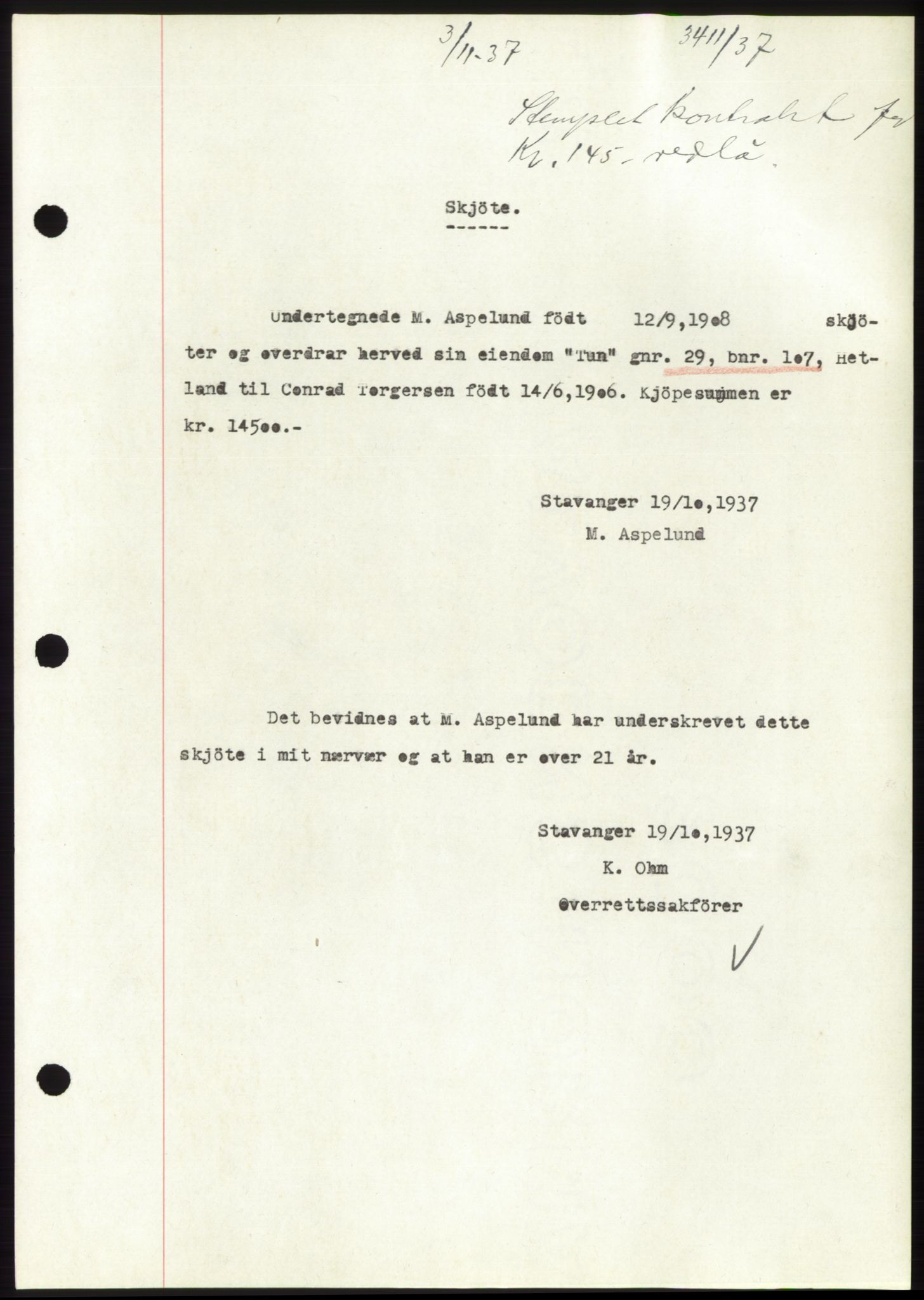 Jæren sorenskriveri, SAST/A-100310/03/G/Gba/L0069: Mortgage book, 1937-1937, Diary no: : 3411/1937