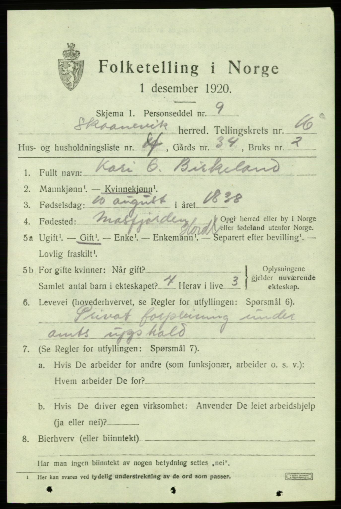 SAB, 1920 census for Skånevik, 1920, p. 6383