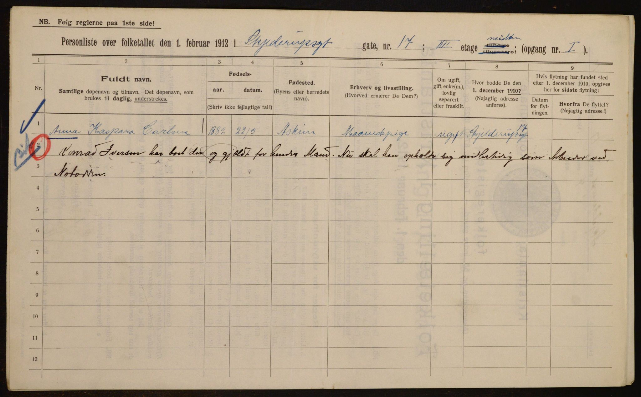 OBA, Municipal Census 1912 for Kristiania, 1912, p. 96443