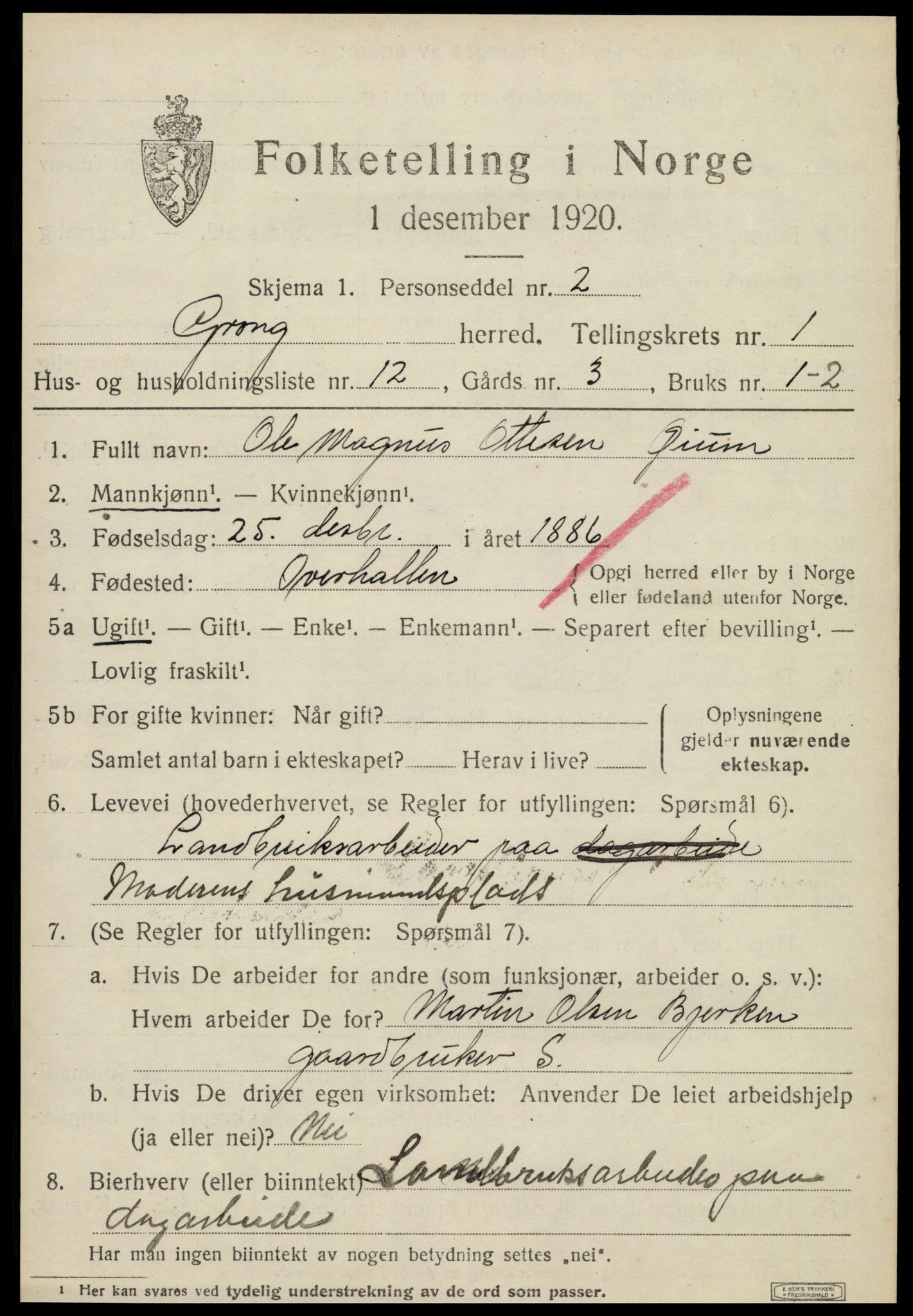 SAT, 1920 census for Grong, 1920, p. 1165