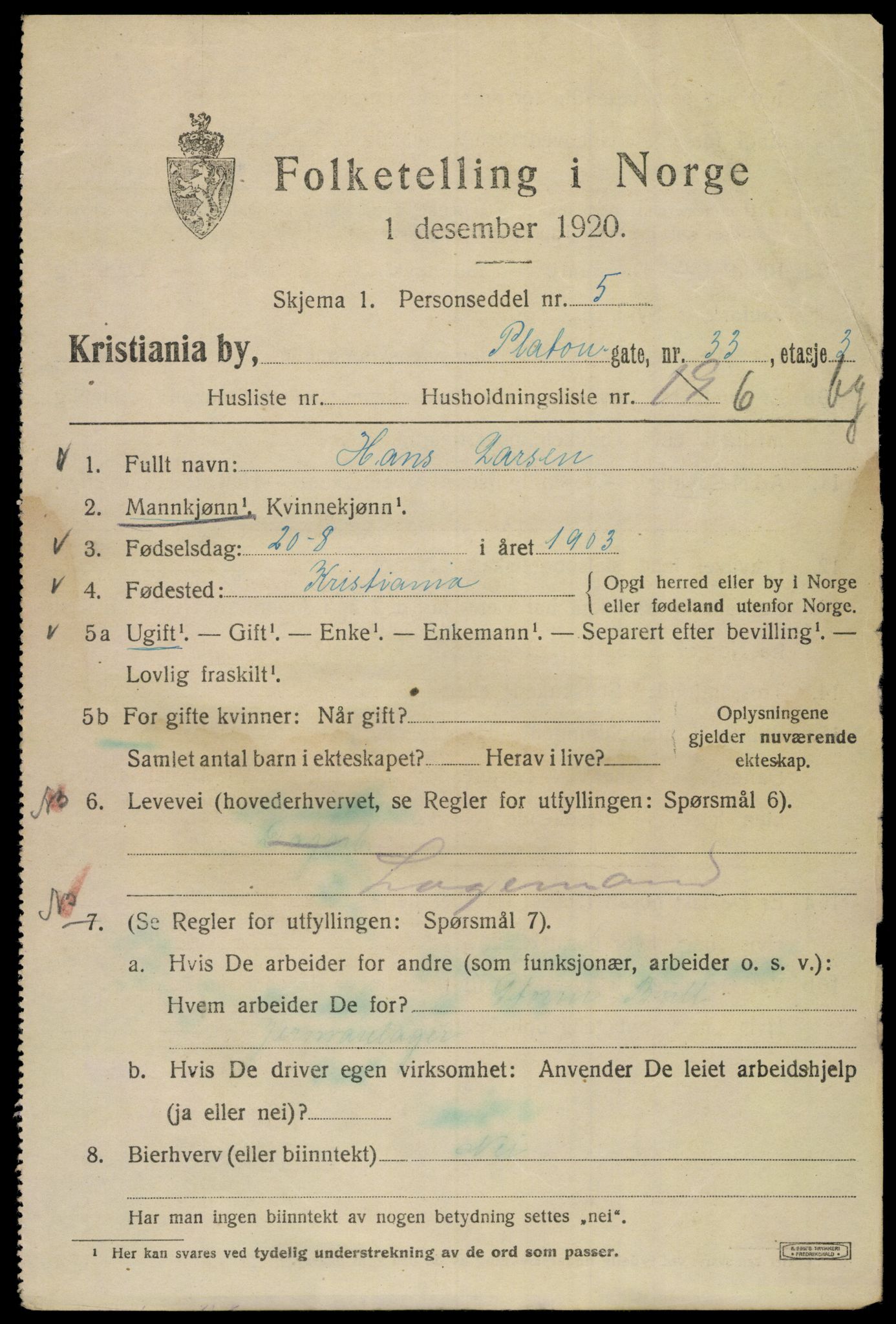 SAO, 1920 census for Kristiania, 1920, p. 456241