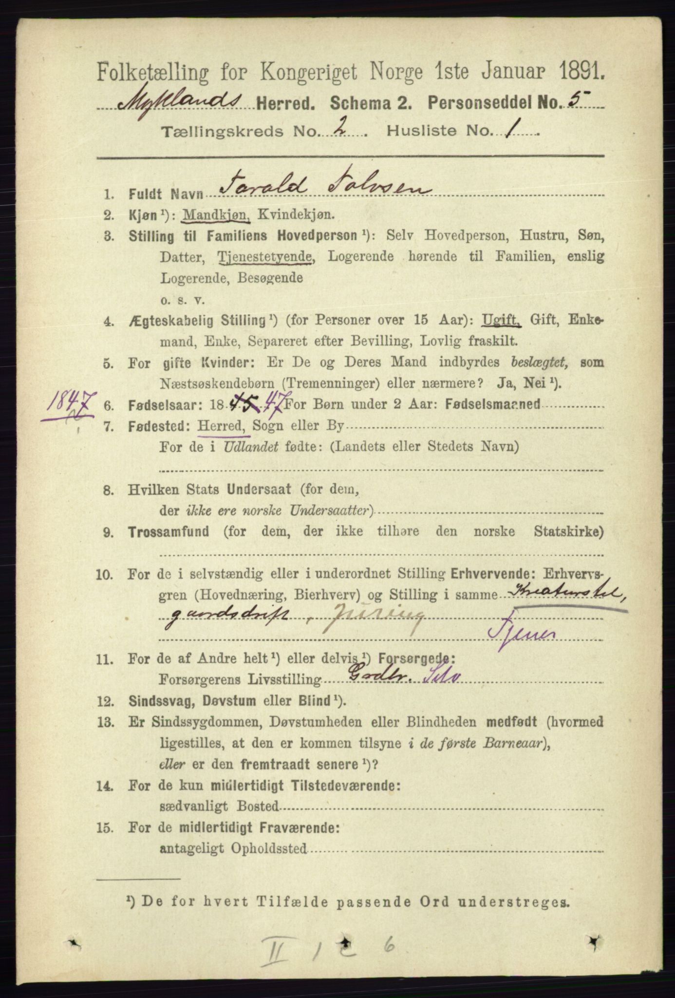 RA, 1891 census for 0932 Mykland, 1891, p. 307