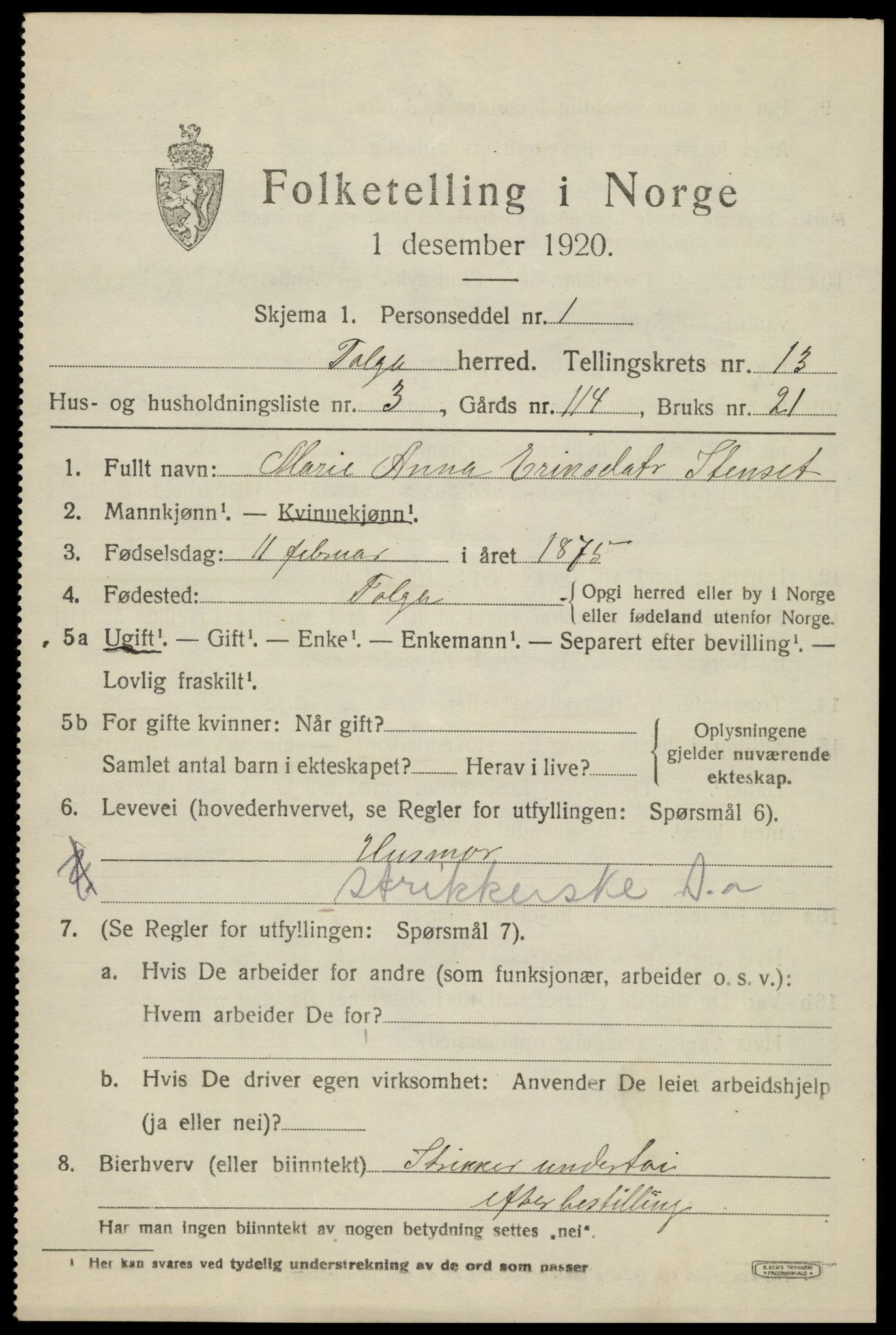 SAH, 1920 census for Tolga, 1920, p. 5823