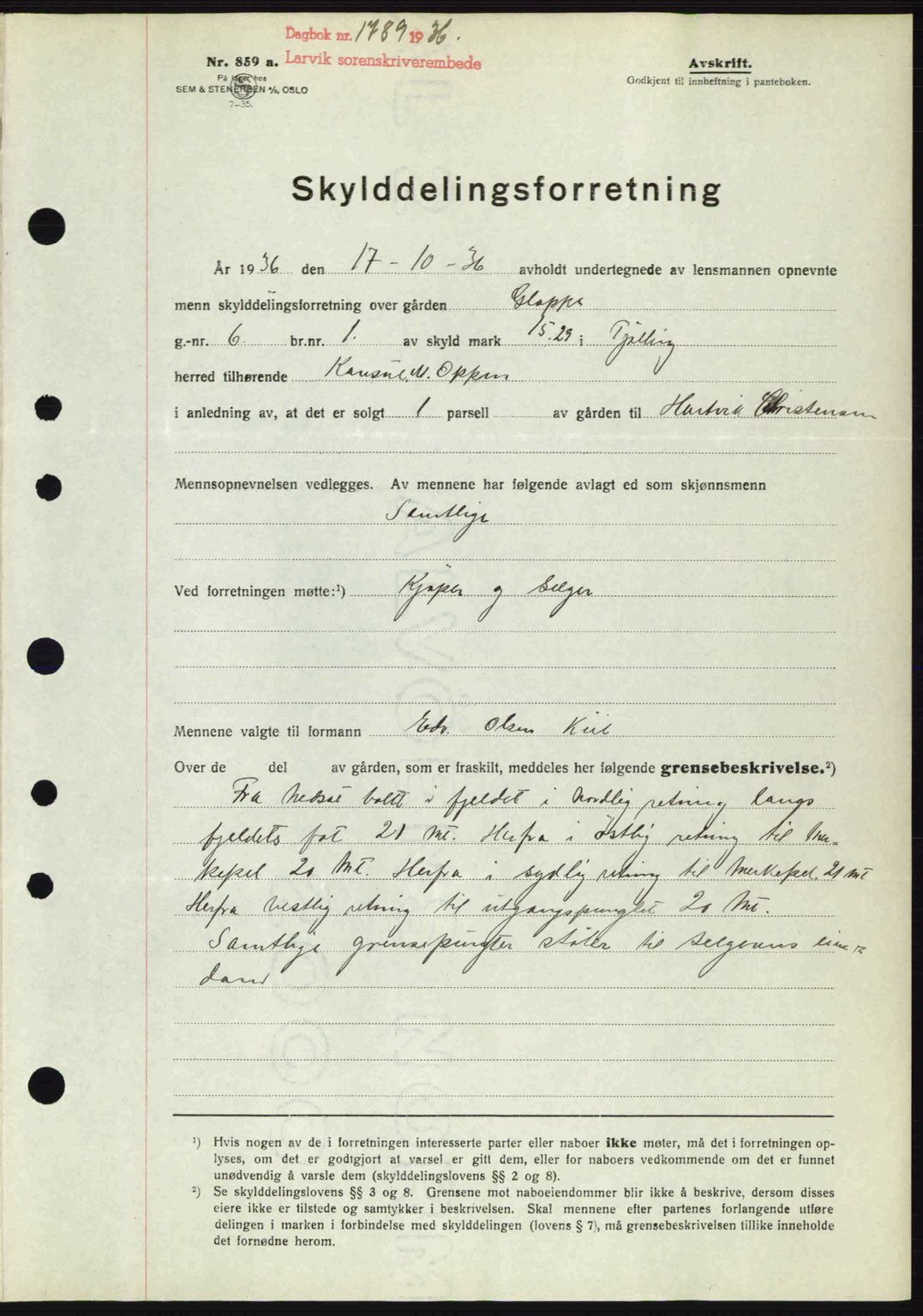 Larvik sorenskriveri, SAKO/A-83/G/Ga/Gab/L0067: Mortgage book no. A-1, 1936-1937, Diary no: : 1789/1936