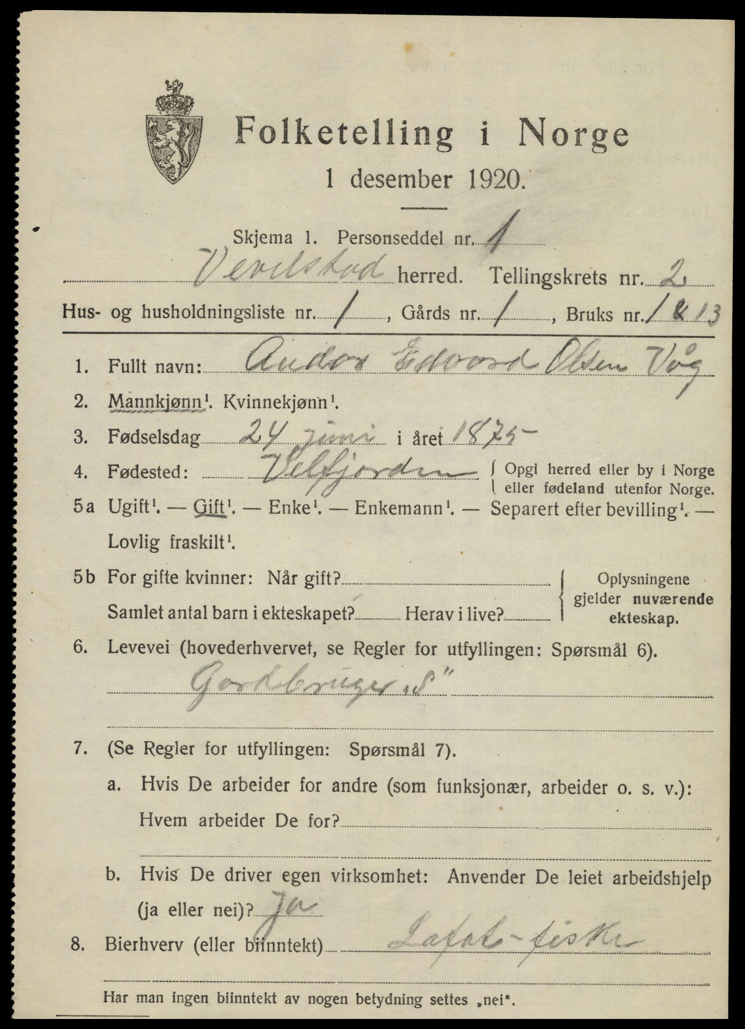 SAT, 1920 census for Vevelstad, 1920, p. 1400