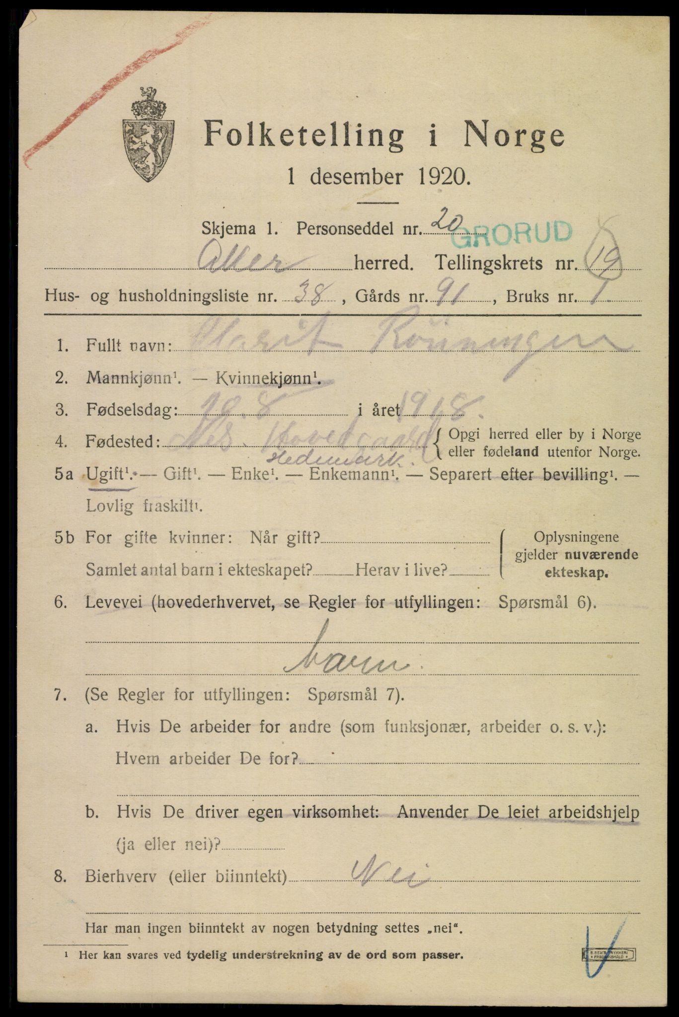 SAO, 1920 census for Aker, 1920, p. 117396